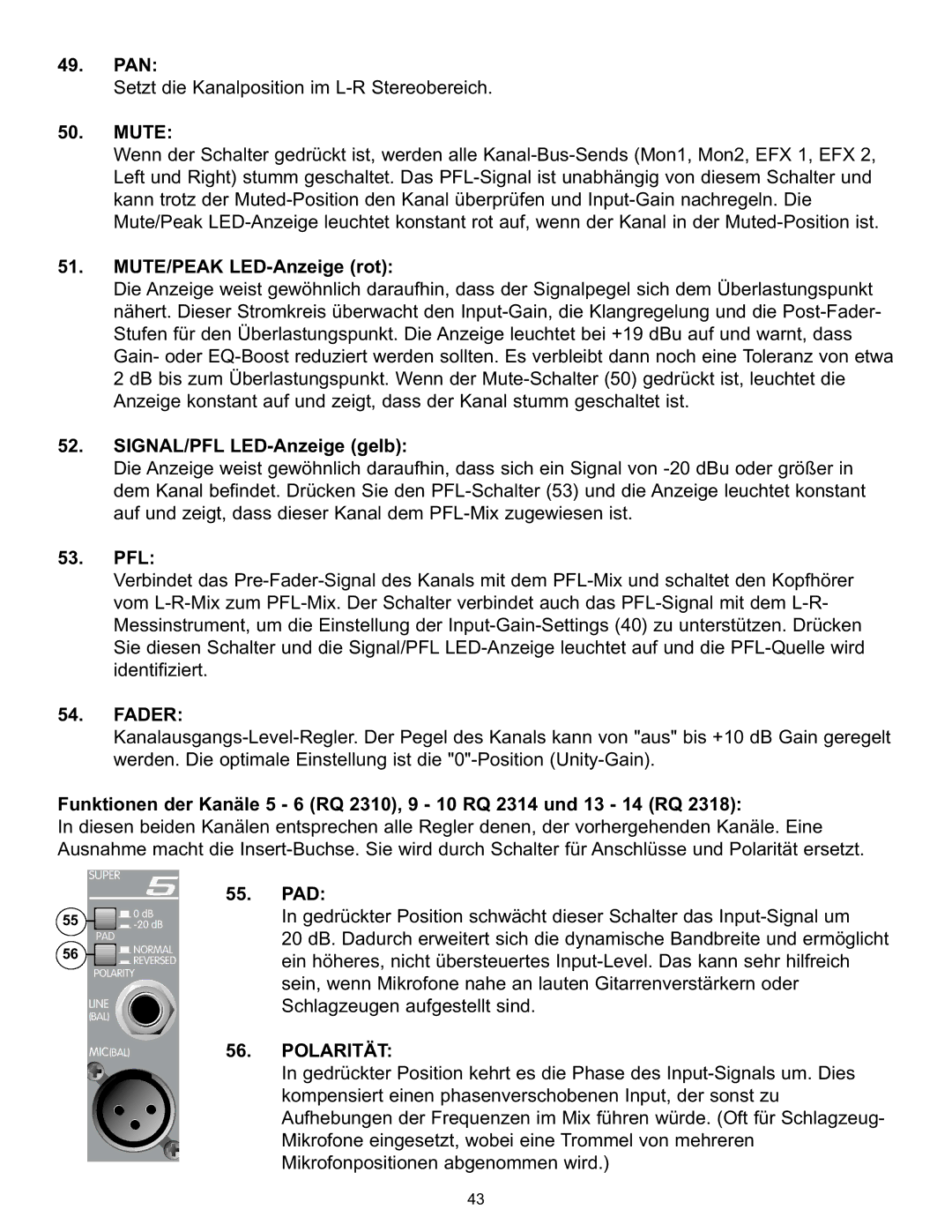 Peavey RQ 2300 Series manual MUTE/PEAK LED-Anzeige rot, SIGNAL/PFL LED-Anzeige gelb, Polarität 