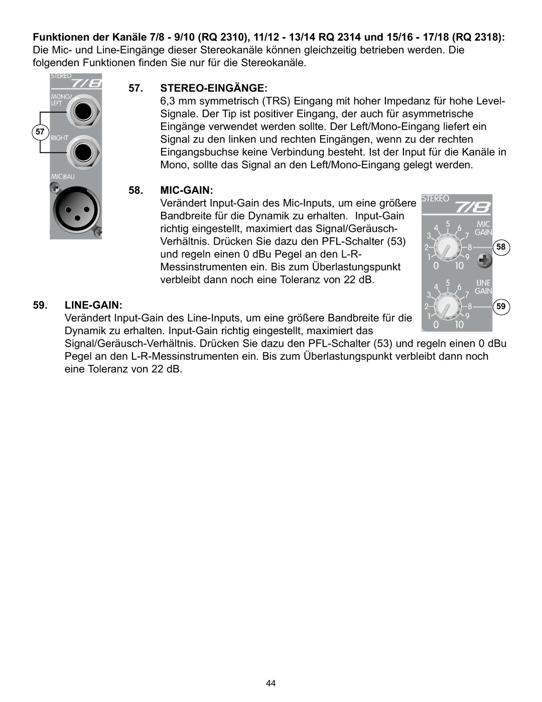 Peavey RQ 2300 Series manual Stereo-Eingänge, Mic-Gain, Line-Gain 