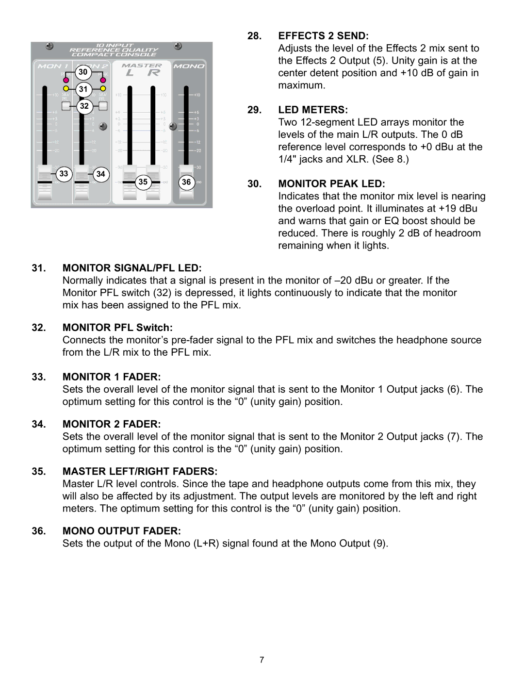 Peavey RQ 2300 Series manual Effects 2 Send, LED Meters, Monitor Peak LED, Monitor SIGNAL/PFL LED, Monitor 1 Fader 