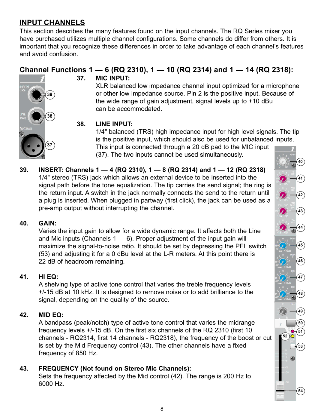 Peavey RQ 2300 Series manual Input Channels, Channel Functions 1 6 RQ 2310, 1 10 RQ 2314 and 1 14 RQ 