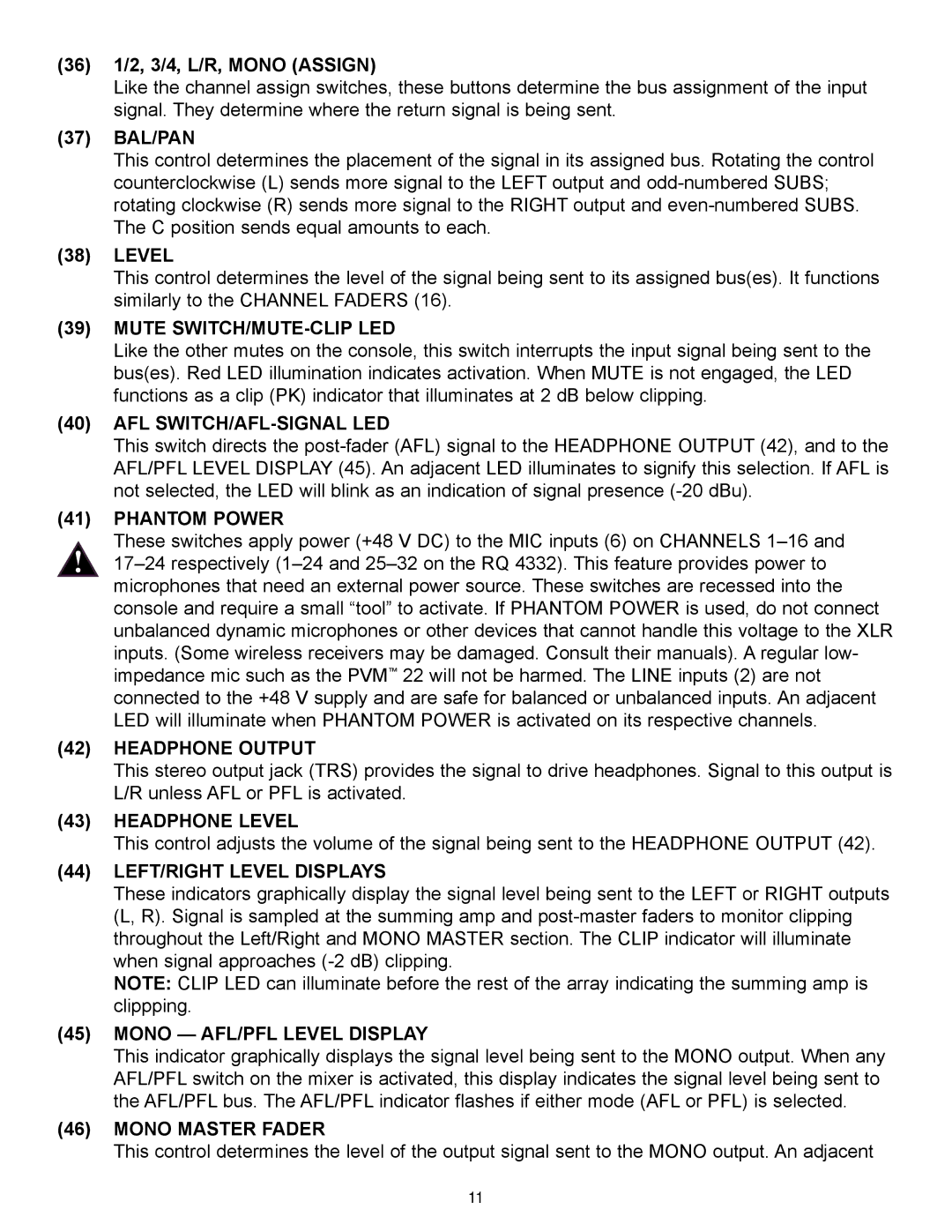 Peavey RQ 4300 Series manual Phantom Power, Headphone Output, Headphone Level, LEFT/RIGHT Level Displays, Mono Master Fader 