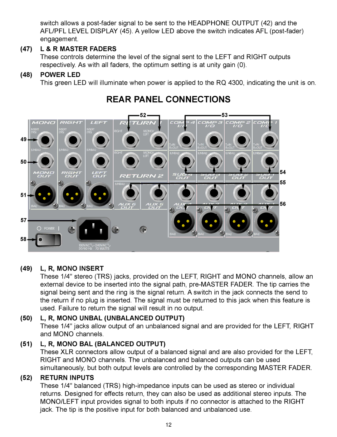 Peavey RQ 4300 Series manual Rear Panel Connections 