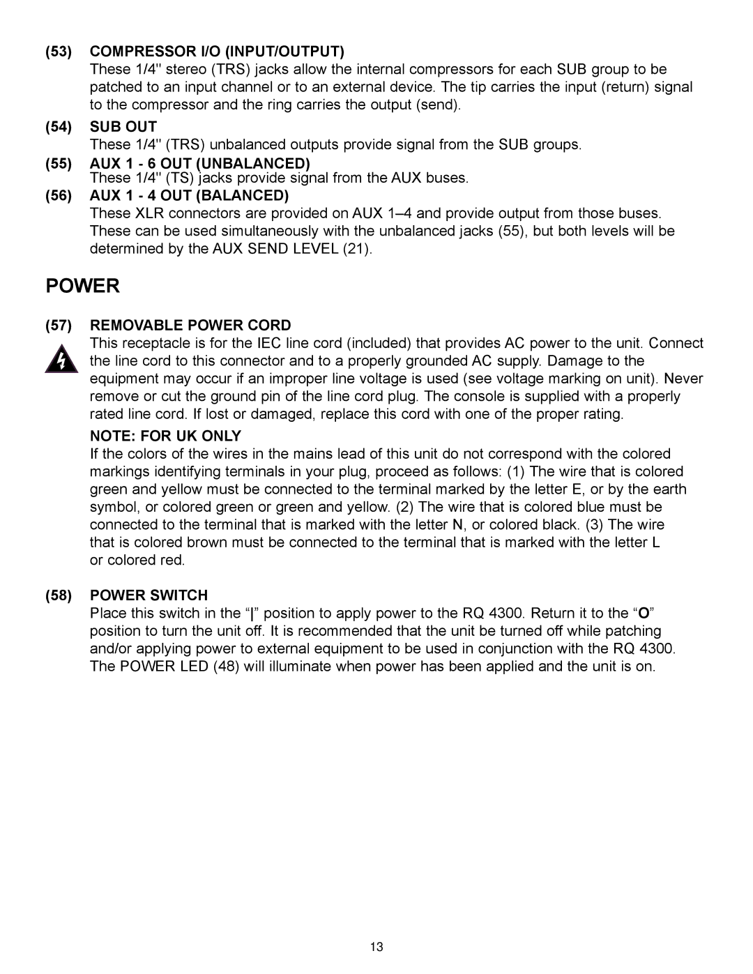 Peavey RQ 4300 Series manual Compressor I/O INPUT/OUTPUT, AUX 1 6 OUT Unbalanced, Removable Power Cord, Power Switch 