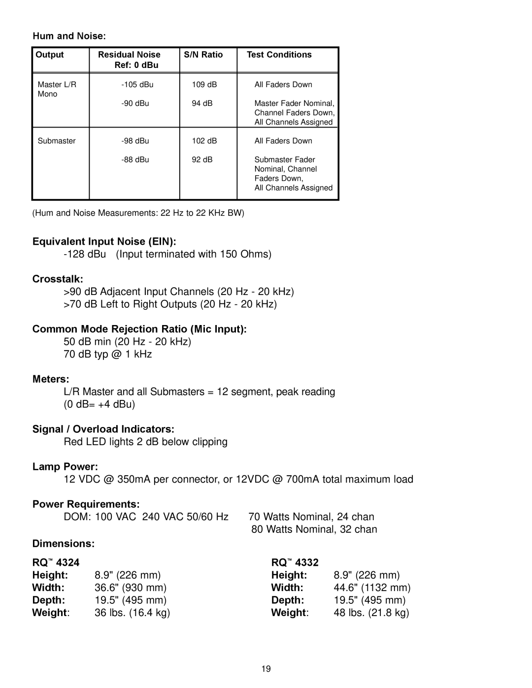 Peavey RQ 4300 Series manual Equivalent Input Noise EIN, Crosstalk, Meters, Signal / Overload Indicators, Lamp Power 