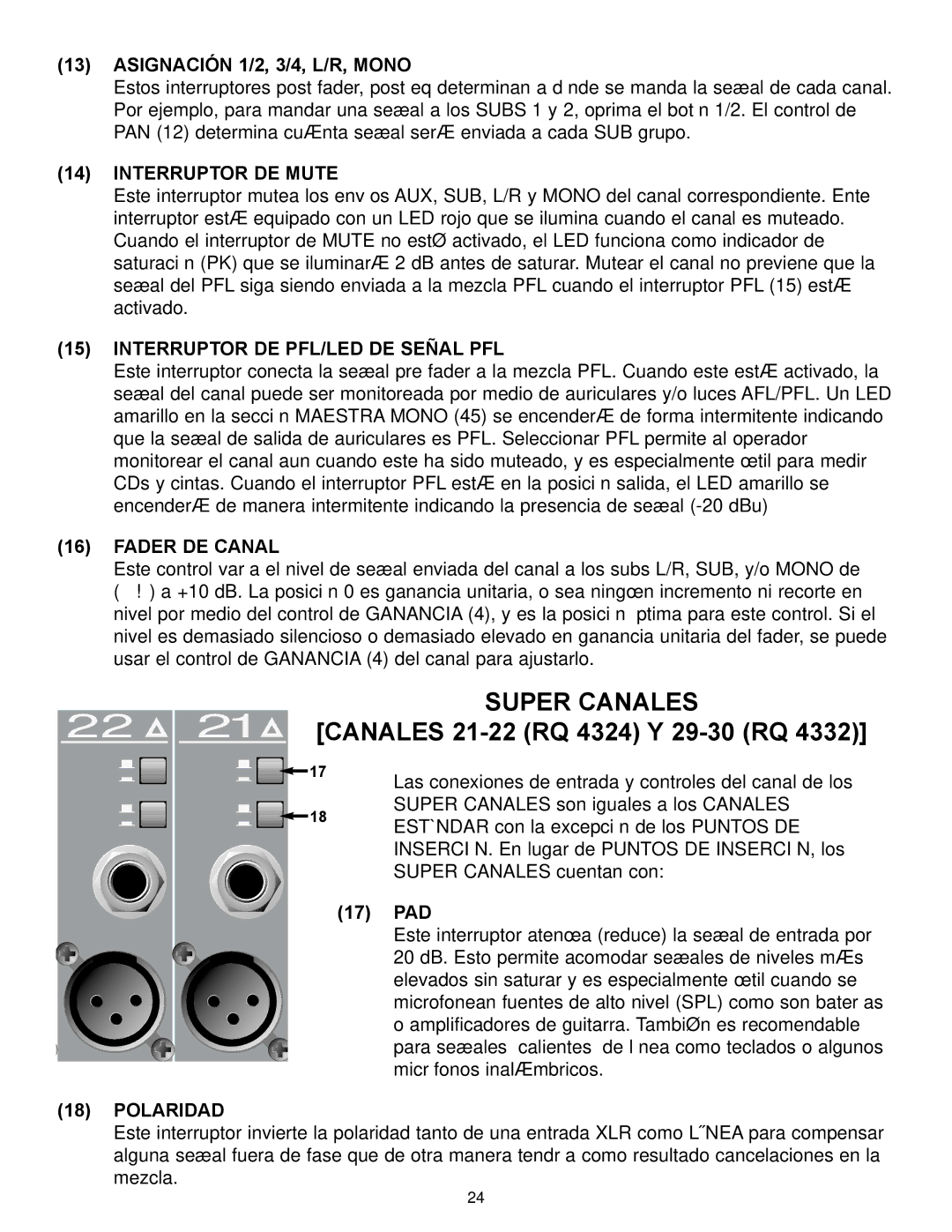 Peavey RQ 4300 Series Super Canales, Interruptor DE Mute, Interruptor DE PFL/LED DE Señal PFL, Fader DE Canal, Polaridad 