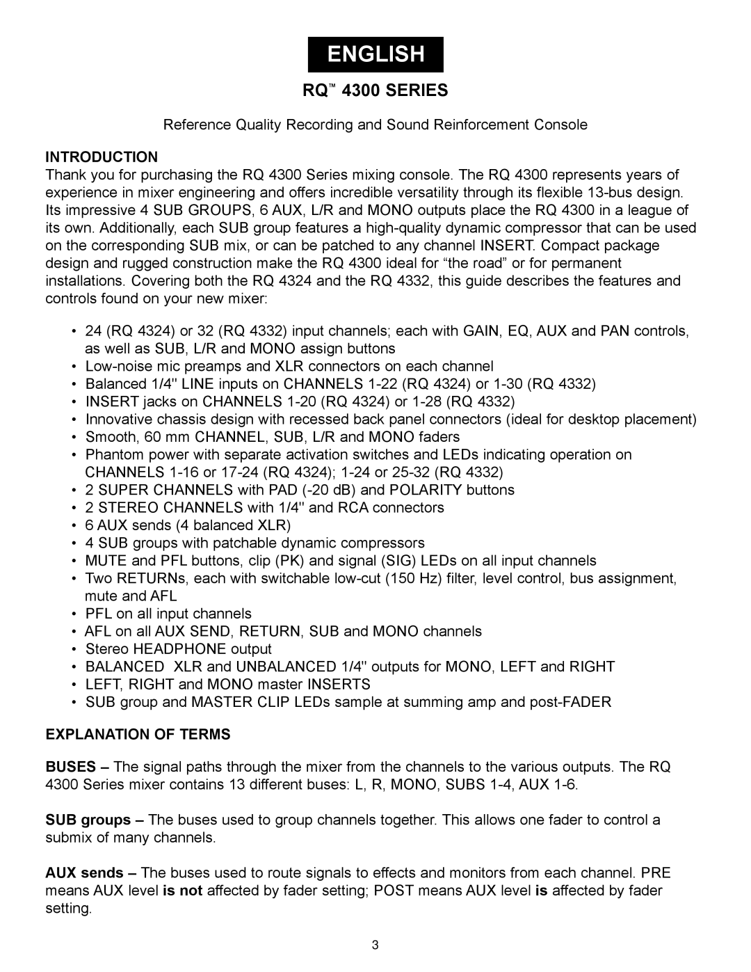 Peavey RQ 4300 Series manual Introduction, Explanation of Terms 