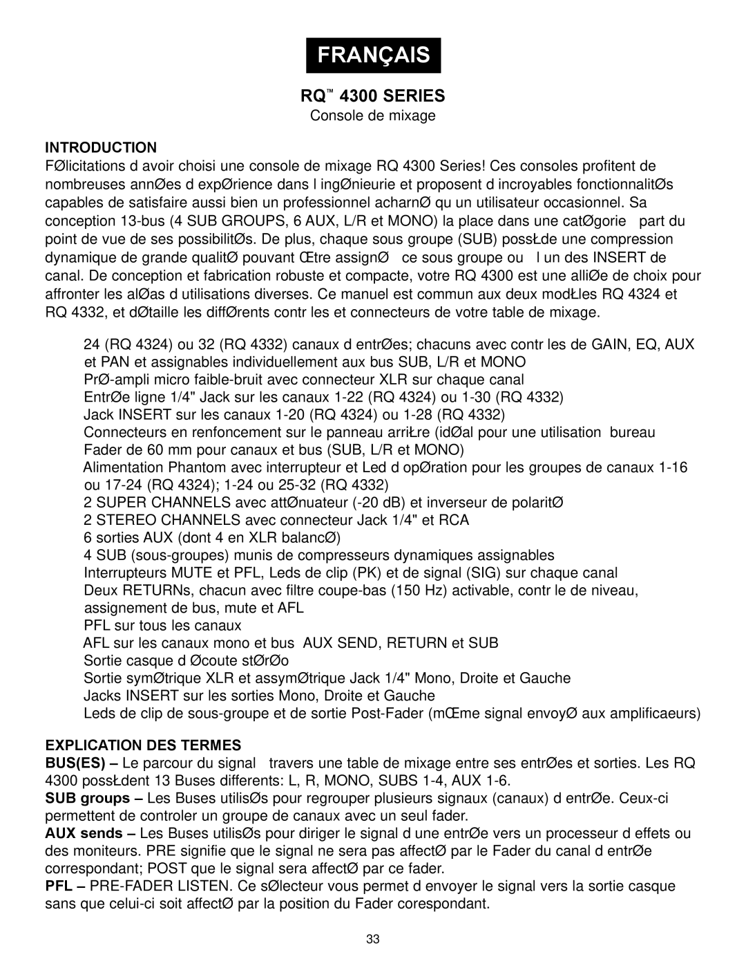 Peavey RQ 4300 Series manual Français, Explication DES Termes 