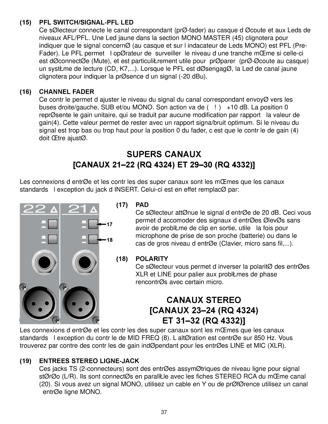 Peavey RQ 4300 Series manual Supers Canaux, Canaux Stereo, Pfl Switch/Signal-Pfl Led, Entrees Stereo LIGNE-JACK 