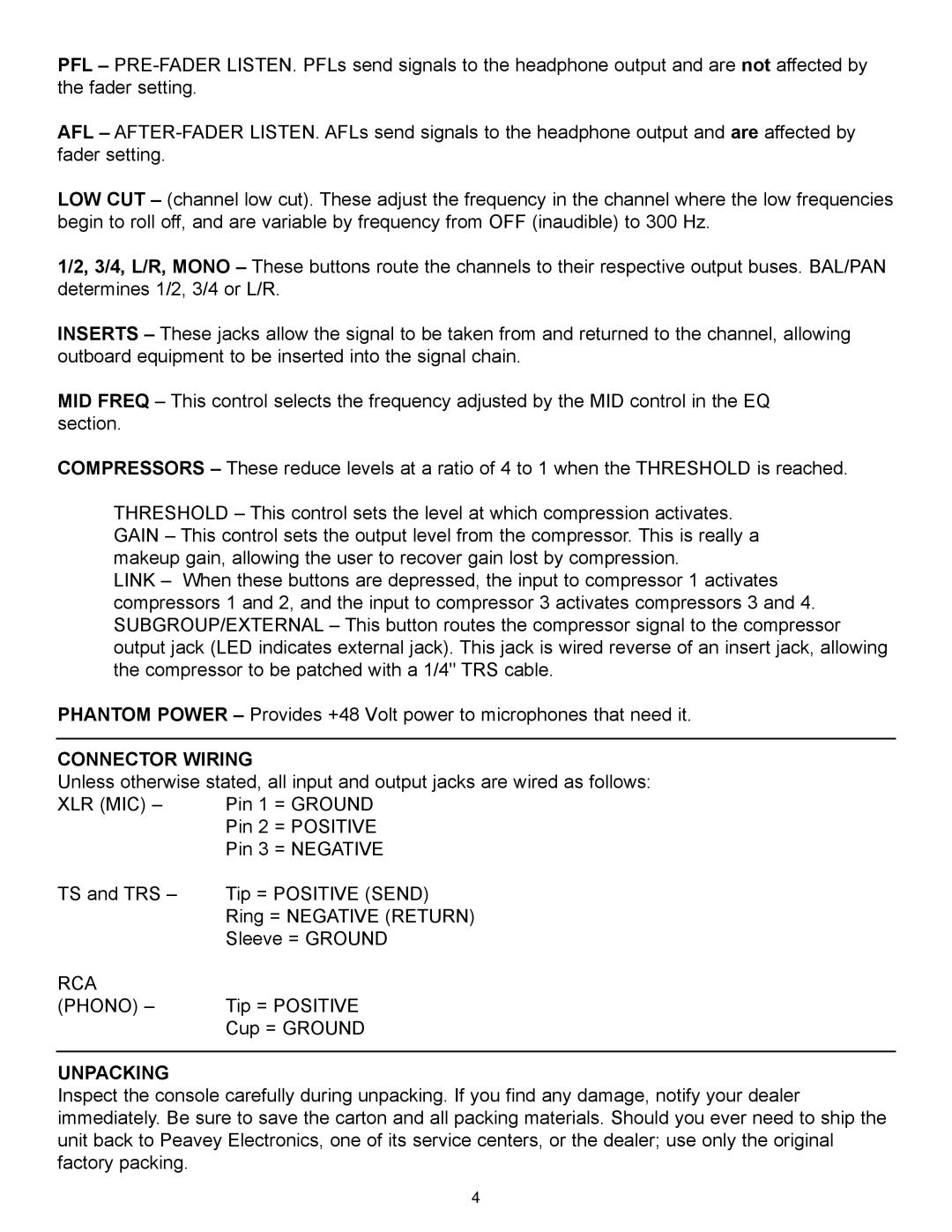 Peavey RQ 4300 Series manual Connector Wiring, Unpacking 