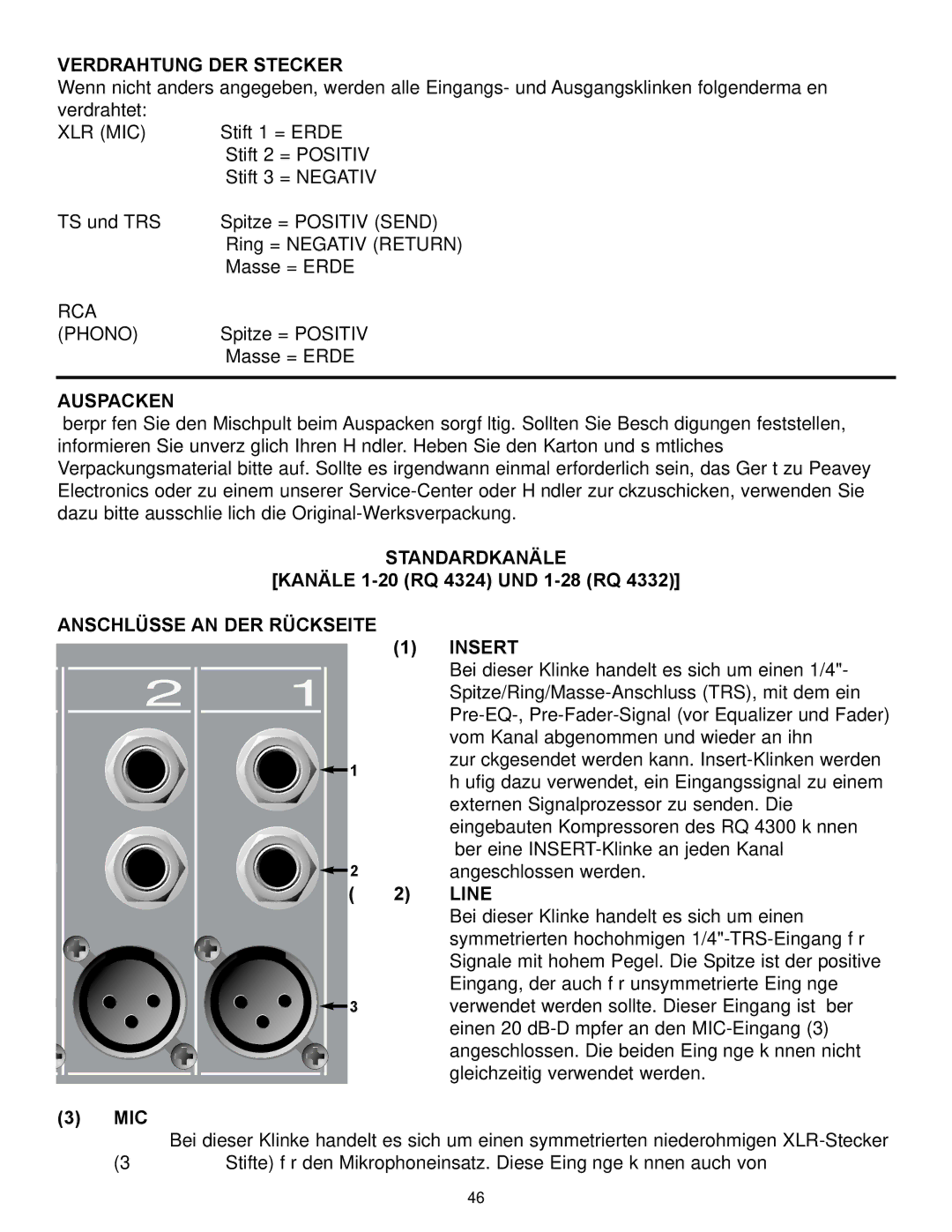 Peavey RQ 4300 Series manual Verdrahtung DER Stecker, Auspacken, Standardkanäle, Kanäle 1-20 RQ 4324 UND 1-28 RQ 