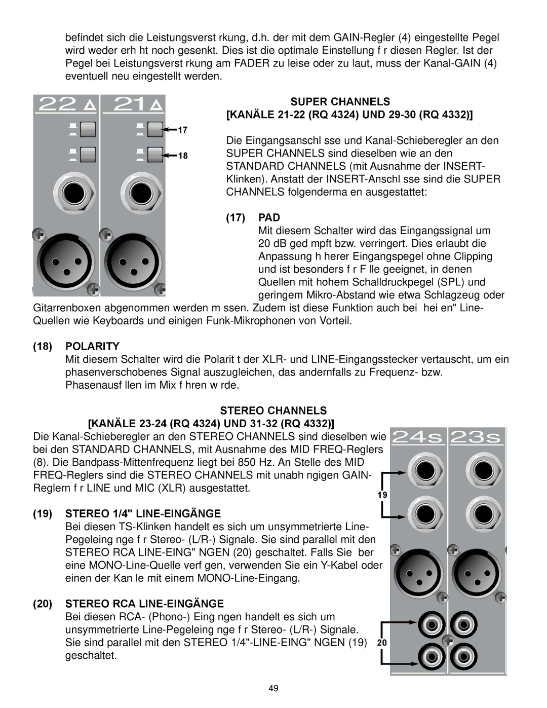 Peavey RQ 4300 Series manual Super Channels, Stereo Channels, Stereo 1/4 LINE-EINGÄNGE, Stereo RCA LINE-EINGÄNGE 