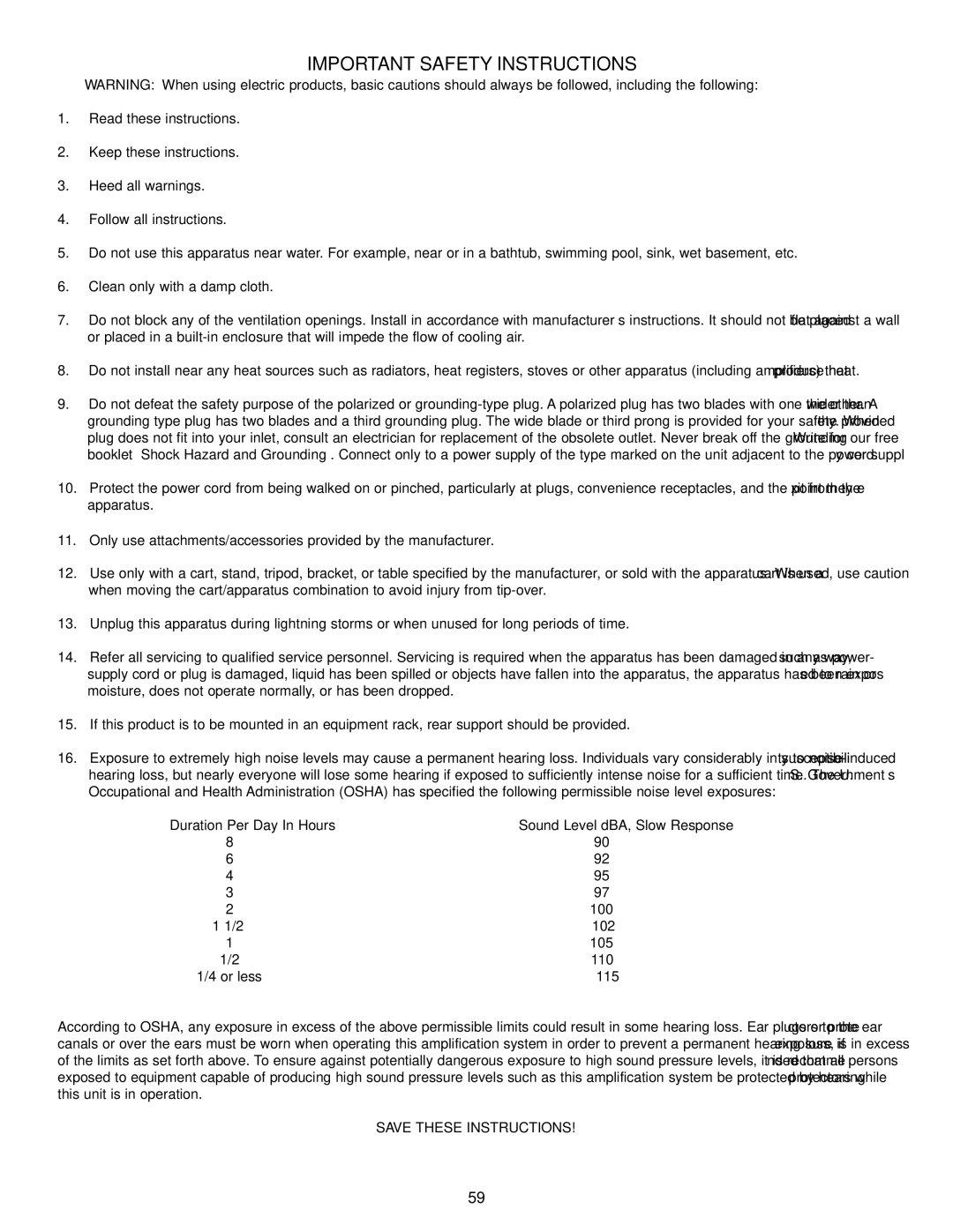 Peavey RQ 4300 Series manual Important Safety Instructions 