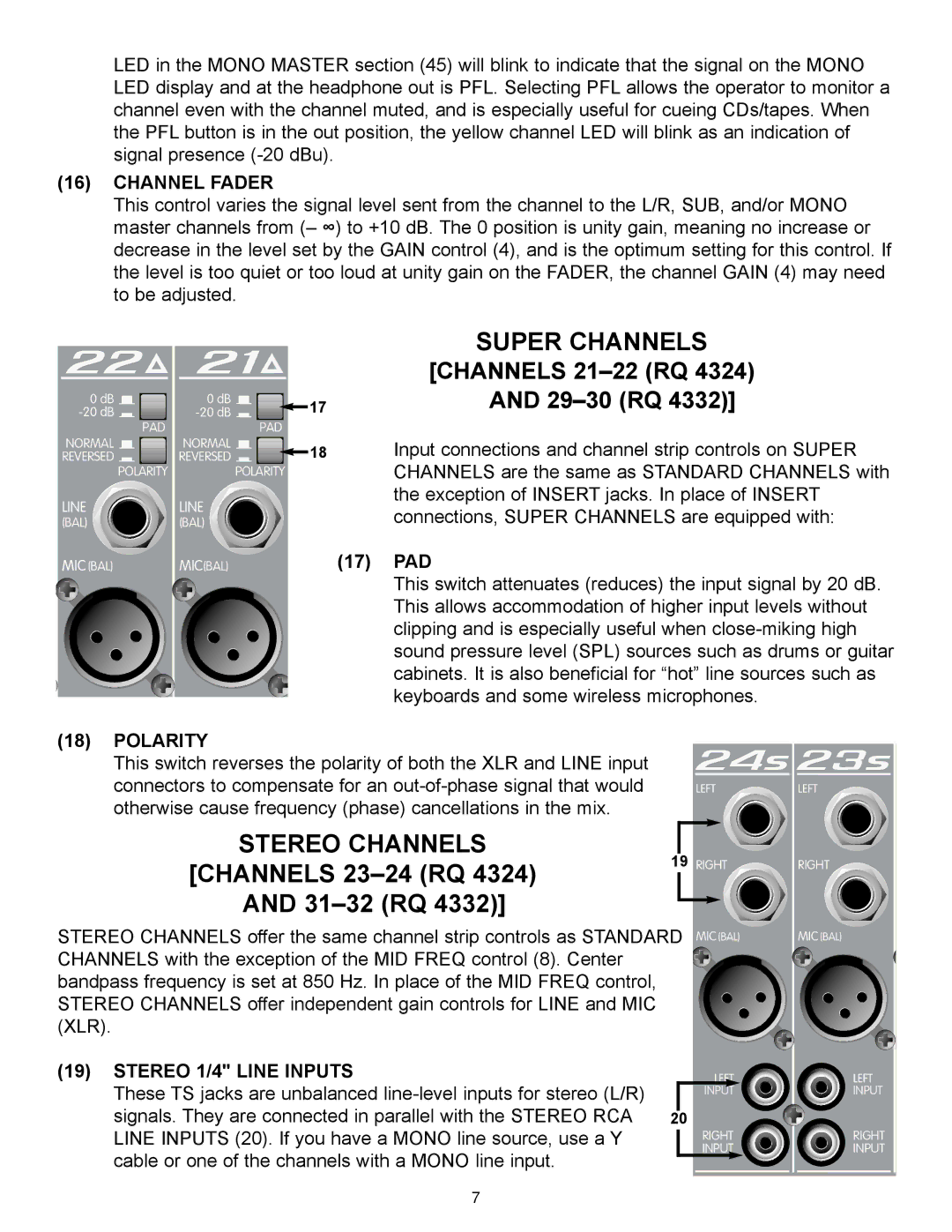 Peavey RQ 4300 Series manual Super Channels, Stereo Channels, Channel Fader, Polarity, Stereo 1/4 Line Inputs 