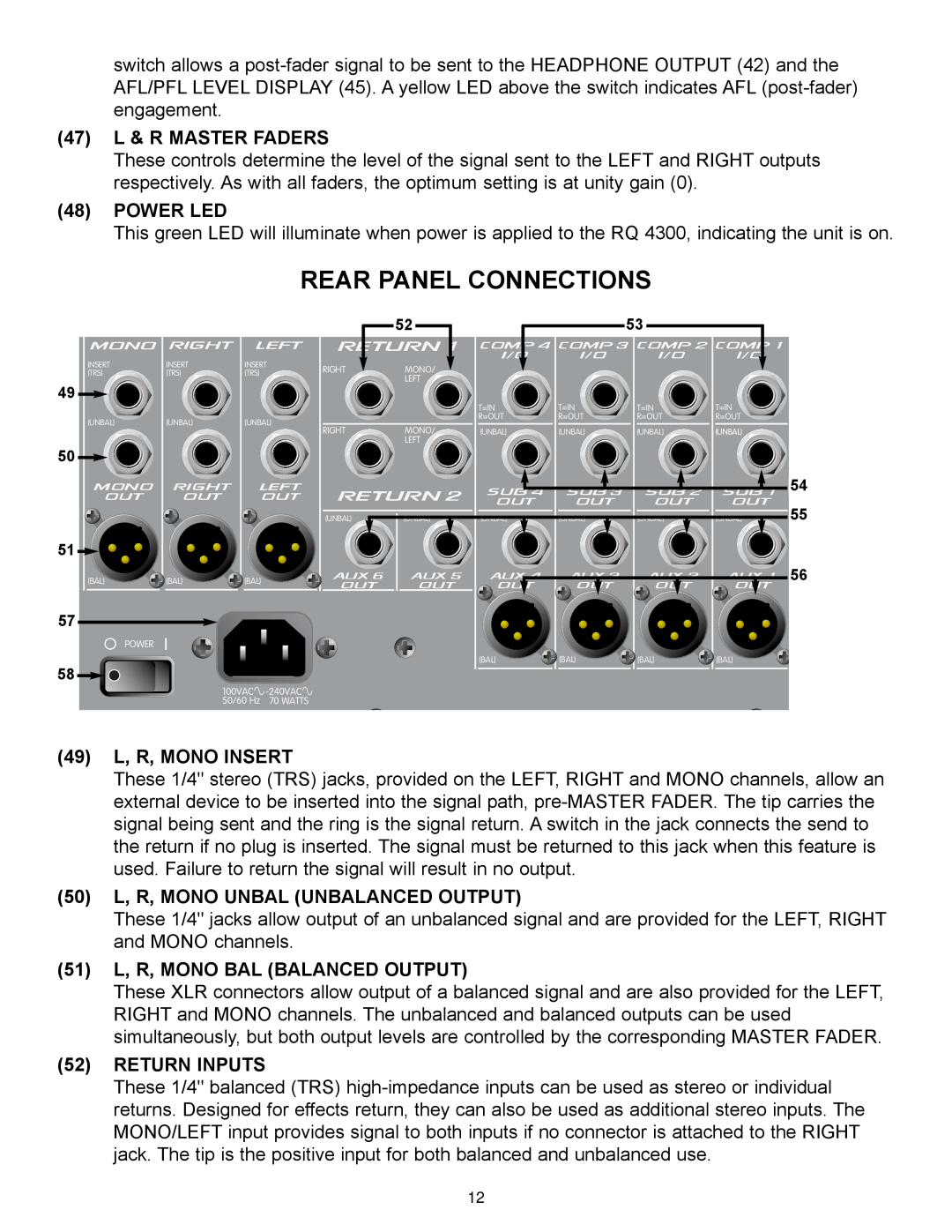 Peavey RQ 4300 Series manual Rear Panel Connections, 47 L & R MASTER FADERS, Power Led, 49 L, R, MONO INSERT, Return Inputs 