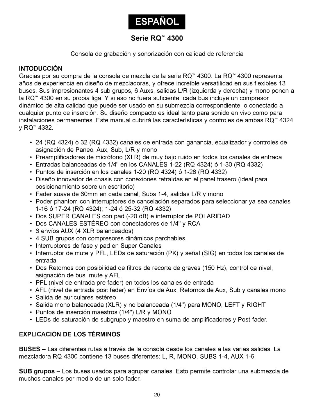 Peavey RQ 4300 Series manual Español, Serie RQ, Intoducción, Explicación De Los Términos 