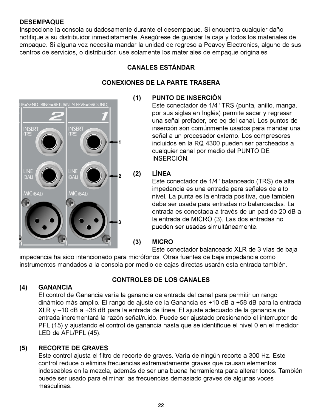 Peavey RQ 4300 Series manual Desempaque, CANALES ESTÁNDAR CONEXIONES DE LA PARTE TRASERA 1 PUNTO DE INSERCIÓN, Línea, Micro 