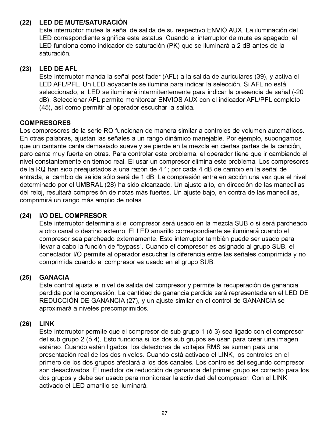 Peavey RQ 4300 Series manual Led De Mute/Saturación, Led De Afl, Compresores, 24 I/O DEL COMPRESOR, Ganacia, Link 