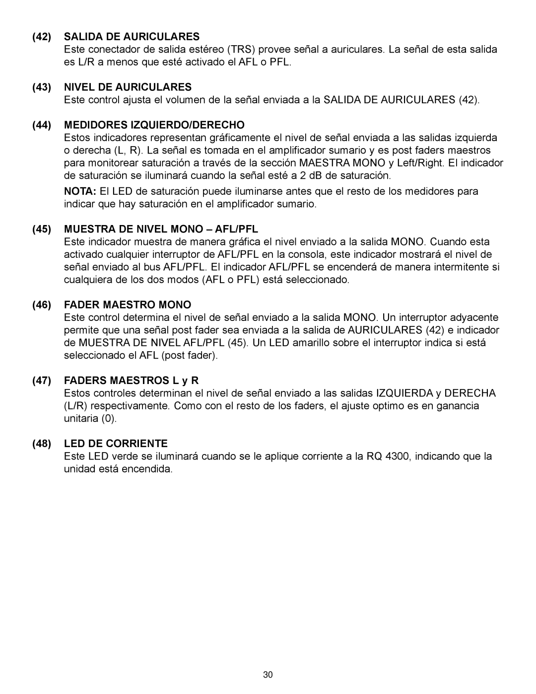Peavey RQ 4300 Series manual Salida De Auriculares, Nivel De Auriculares, Medidores Izquierdo/Derecho, Fader Maestro Mono 