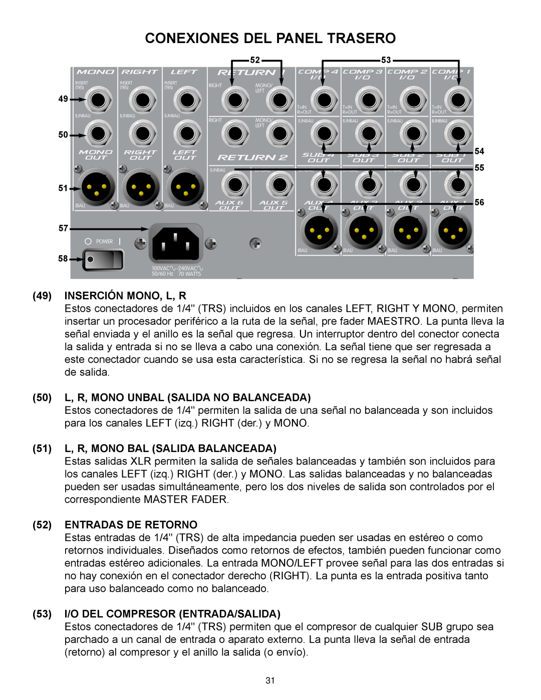 Peavey RQ 4300 Series manual Conexiones Del Panel Trasero, Inserción Mono, L, R, 50 L, R, MONO UNBAL SALIDA NO BALANCEADA 