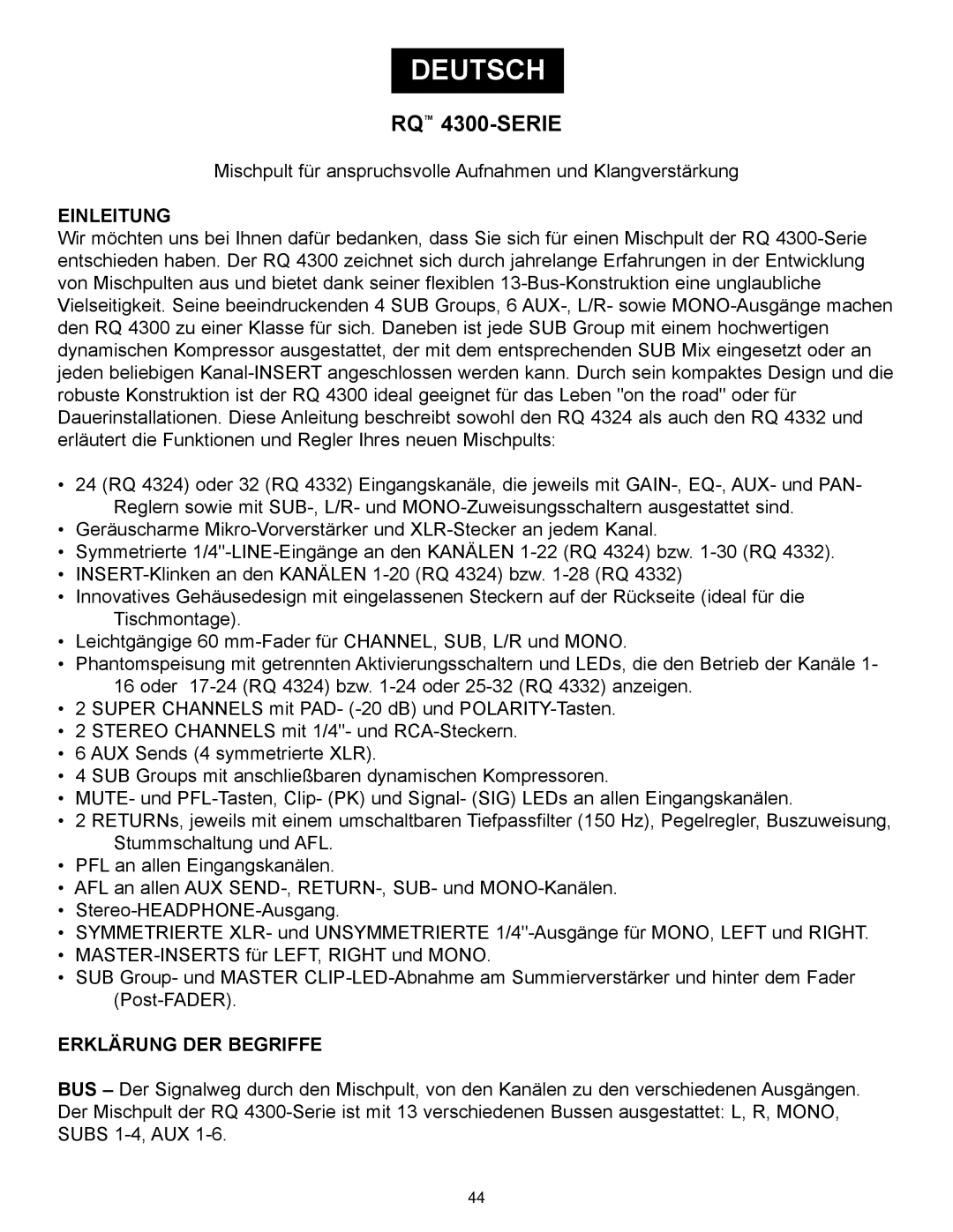 Peavey RQ 4300 Series manual Deutsch, RQ 4300-SERIE, Einleitung, Erklärung Der Begriffe 