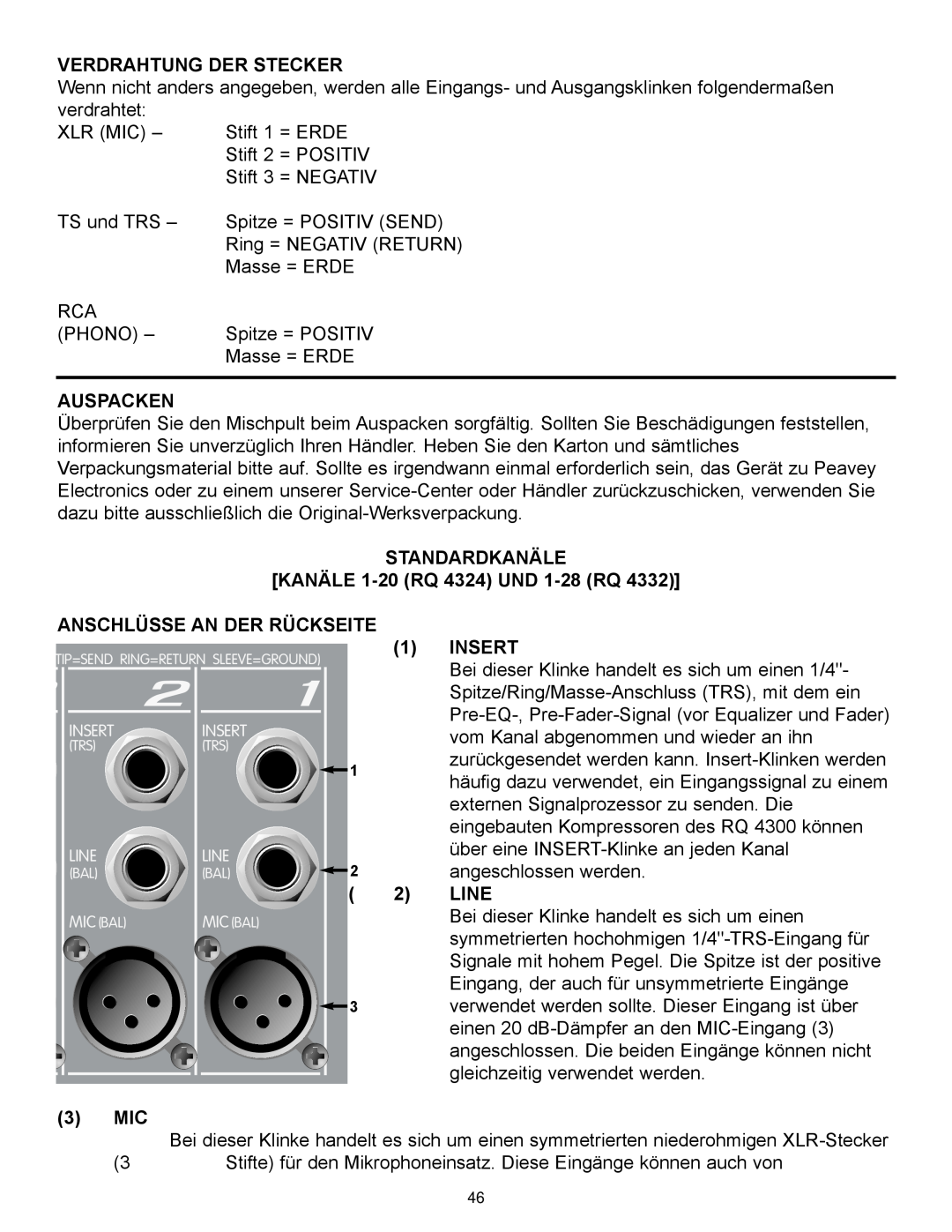 Peavey RQ 4300 Series Verdrahtung Der Stecker, Auspacken, STANDARDKANÄLE KANÄLE 1-20 RQ 4324 UND 1-28 RQ, Insert, Line 