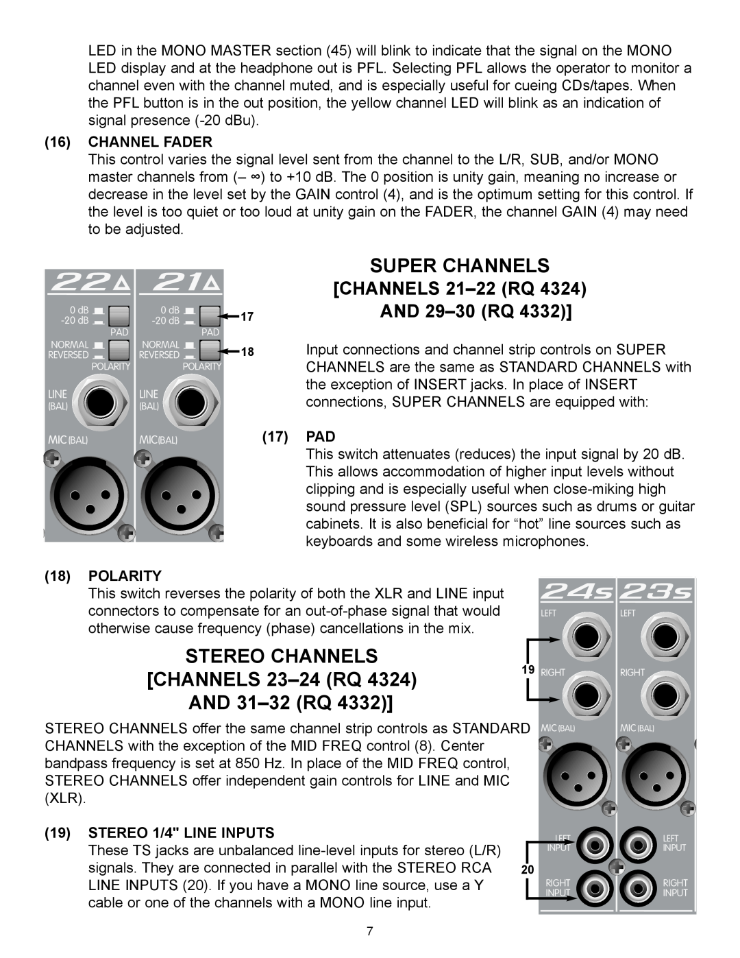 Peavey RQ 4300 Series Super Channels, Stereo Channels, CHANNELS 23-24 RQ, AND 31-32 RQ, Channel Fader, 17 PAD, Polarity 