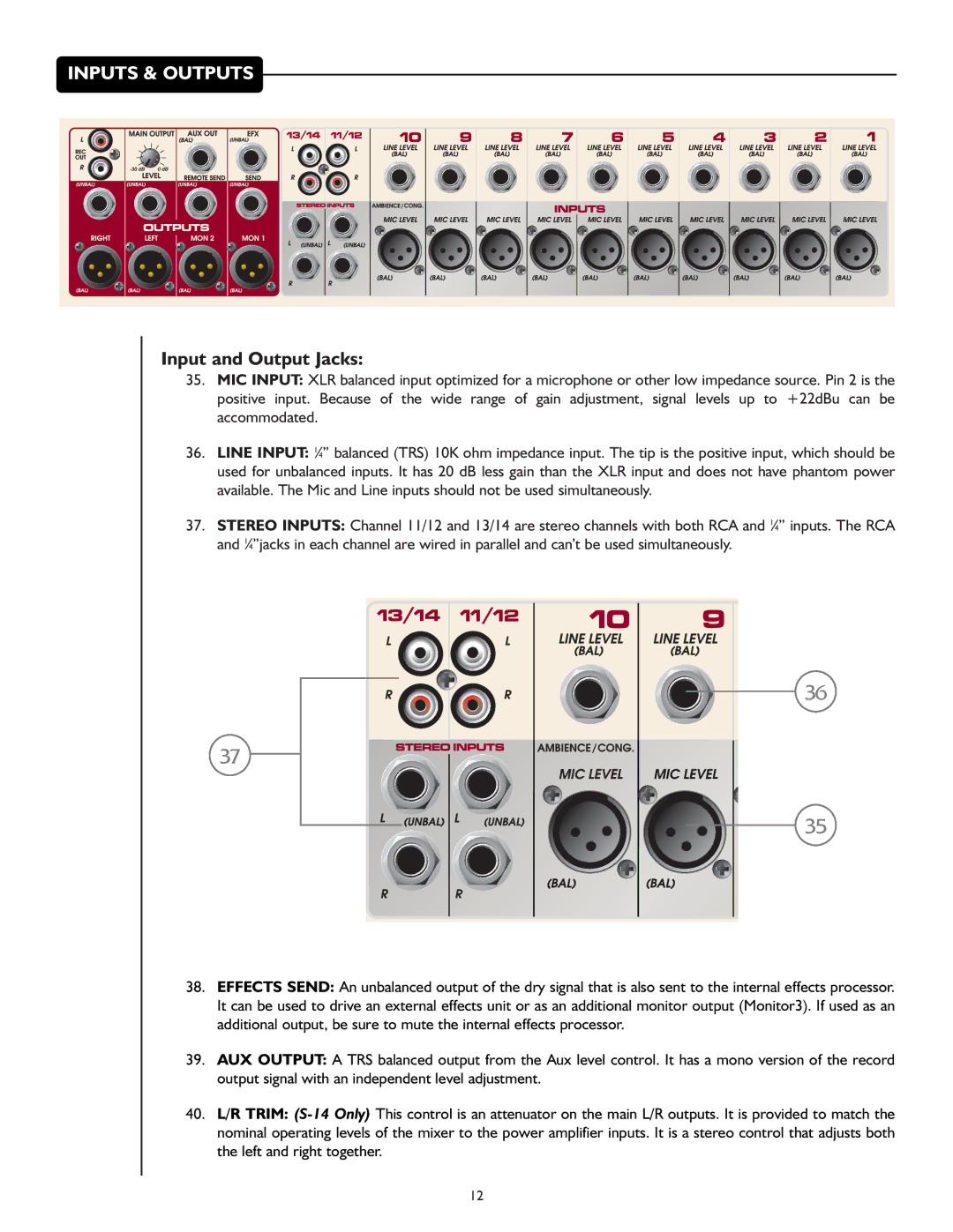 Peavey S-14P owner manual Inputs & Outputs, Input and Output Jacks 