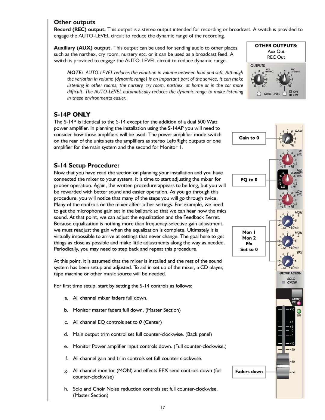 Peavey S-14P owner manual Other outputs, Setup Procedure 