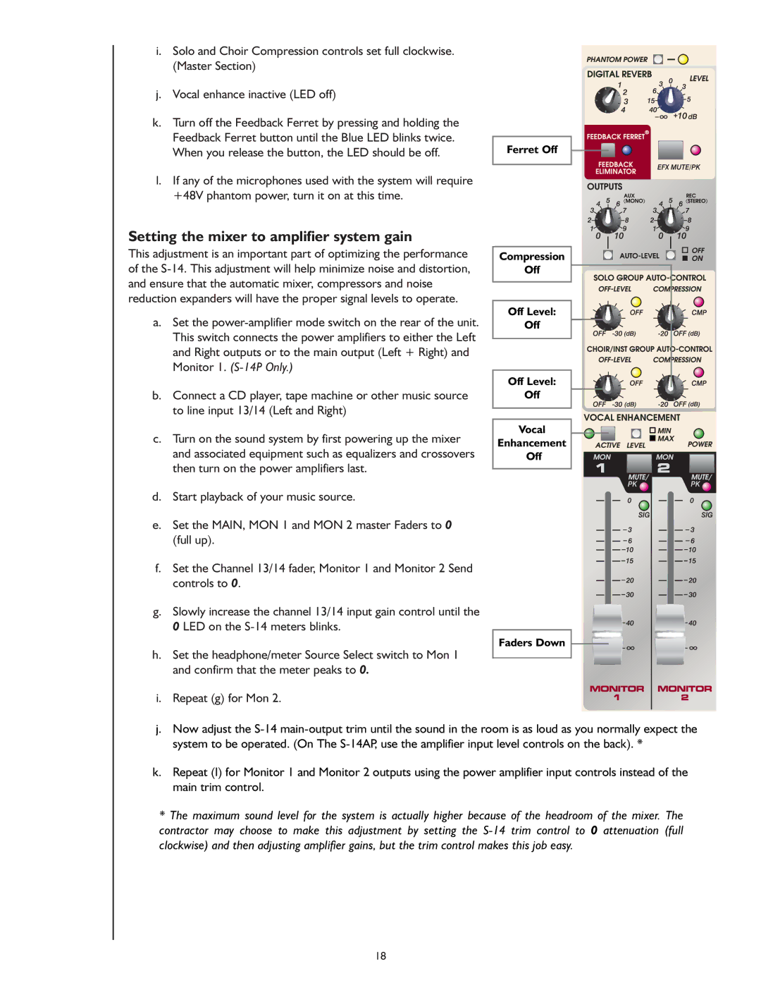 Peavey S-14P owner manual Setting the mixer to amplifier system gain 