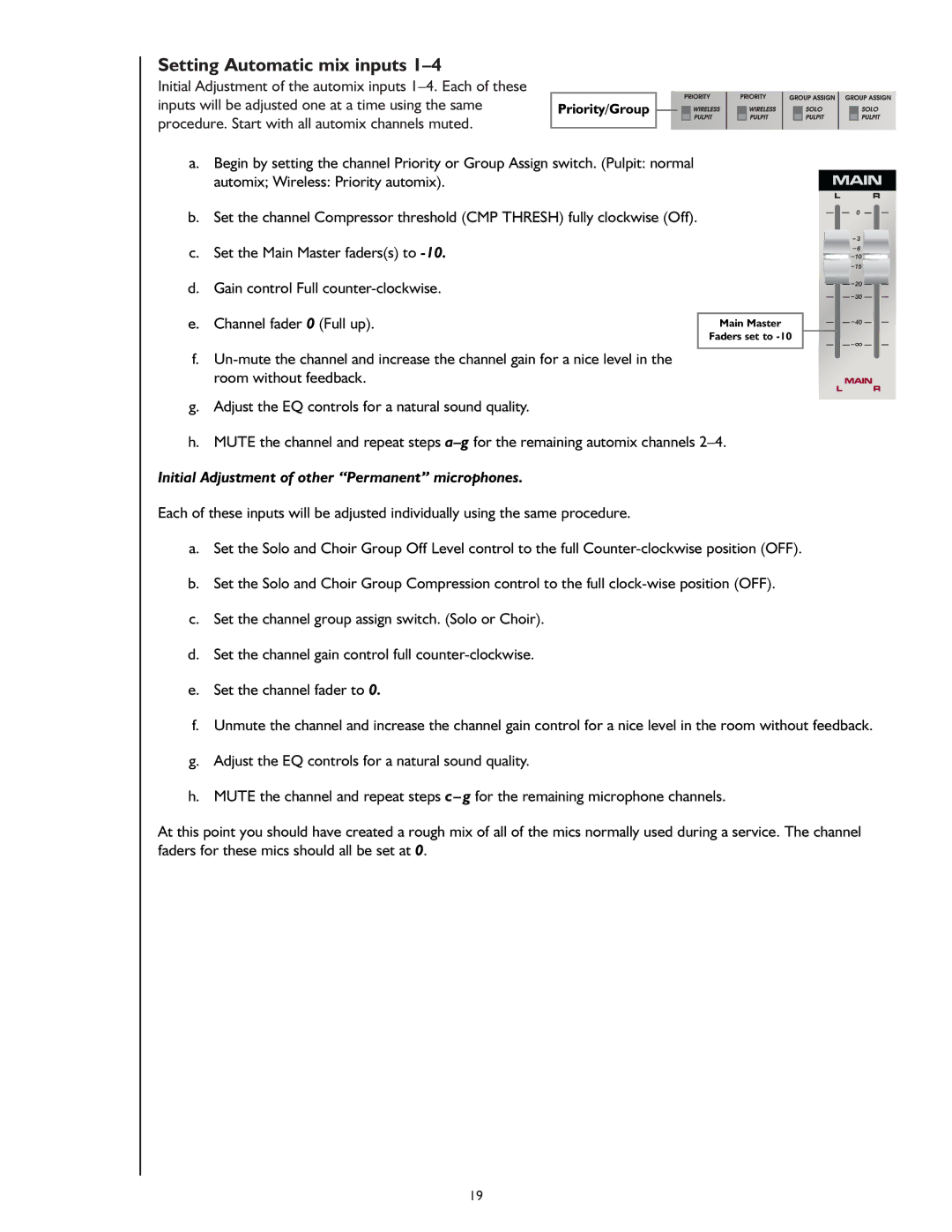 Peavey S-14P owner manual Setting Automatic mix inputs, Initial Adjustment of other Permanent microphones 