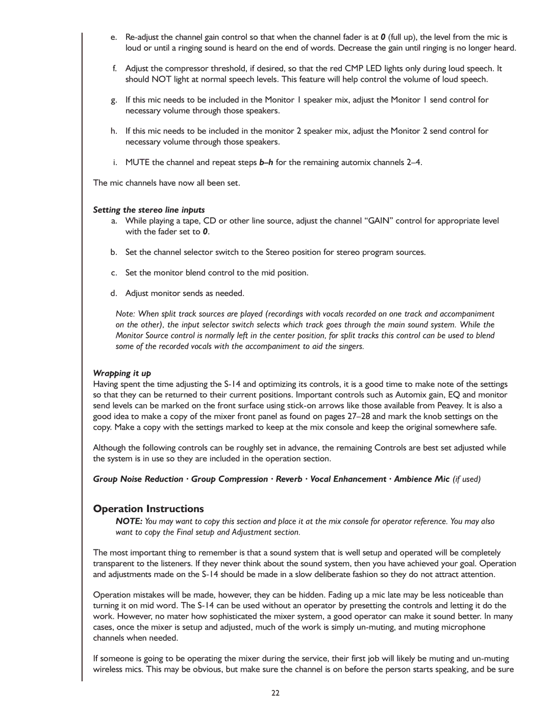 Peavey S-14P owner manual Operation Instructions, Setting the stereo line inputs, Wrapping it up 