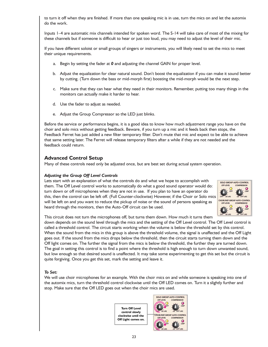 Peavey S-14P owner manual Advanced Control Setup, Adjusting the Group Off Level Controls, To Set 