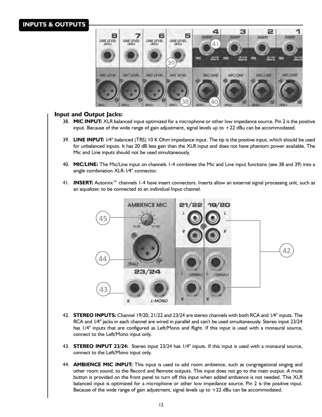 Peavey S-24 manual Inputs & Outputs, Input and Output Jacks 