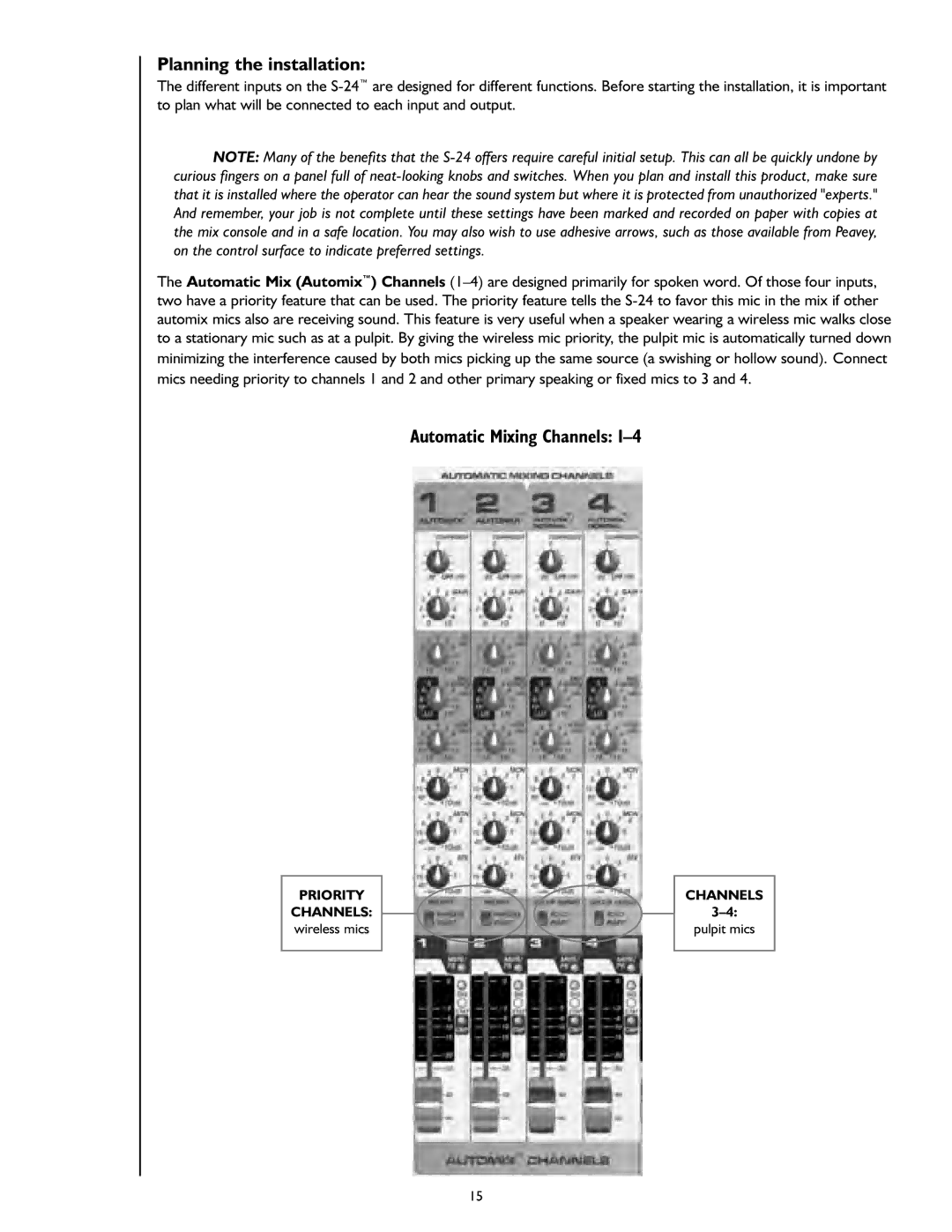 Peavey S-24 manual Planning the installation, Automatic Mixing Channels 