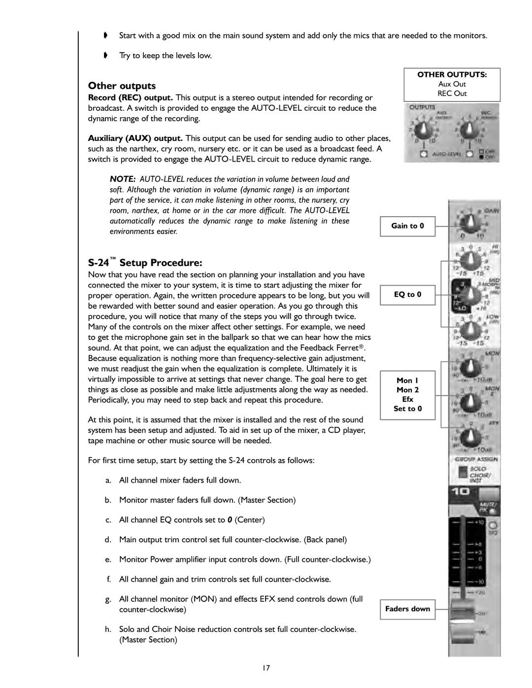 Peavey S-24 manual Other outputs, 24Setup Procedure 