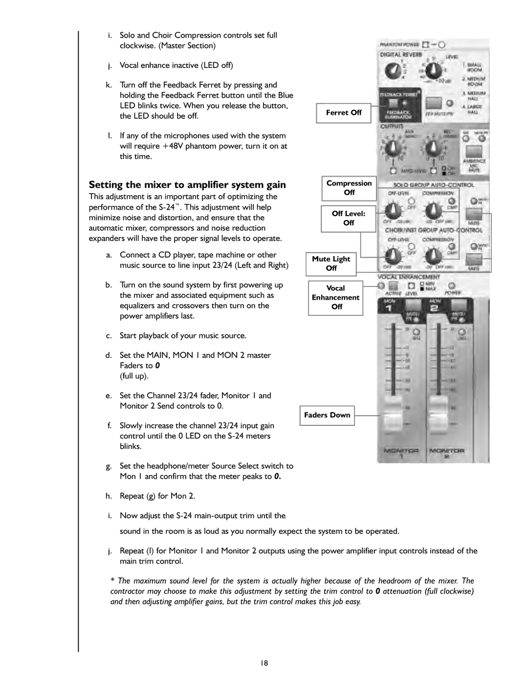 Peavey S-24 manual Setting the mixer to amplifier system gain, Ferret Off Compression Off Level 