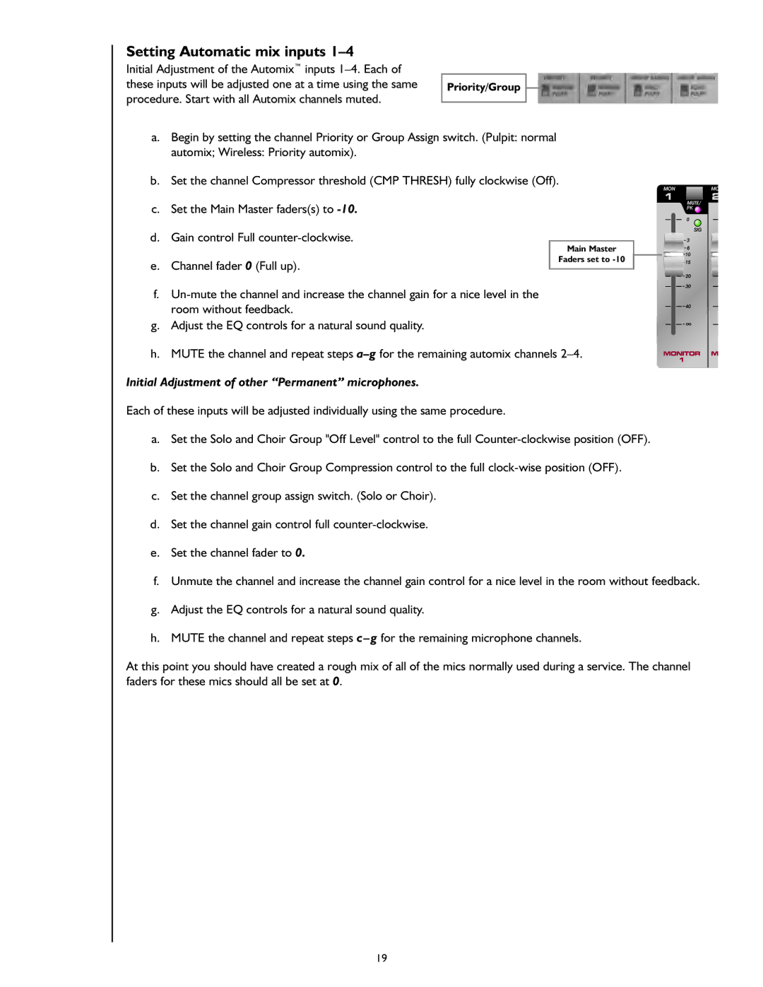 Peavey S-24 manual Setting Automatic mix inputs, Initial Adjustment of other Permanent microphones 