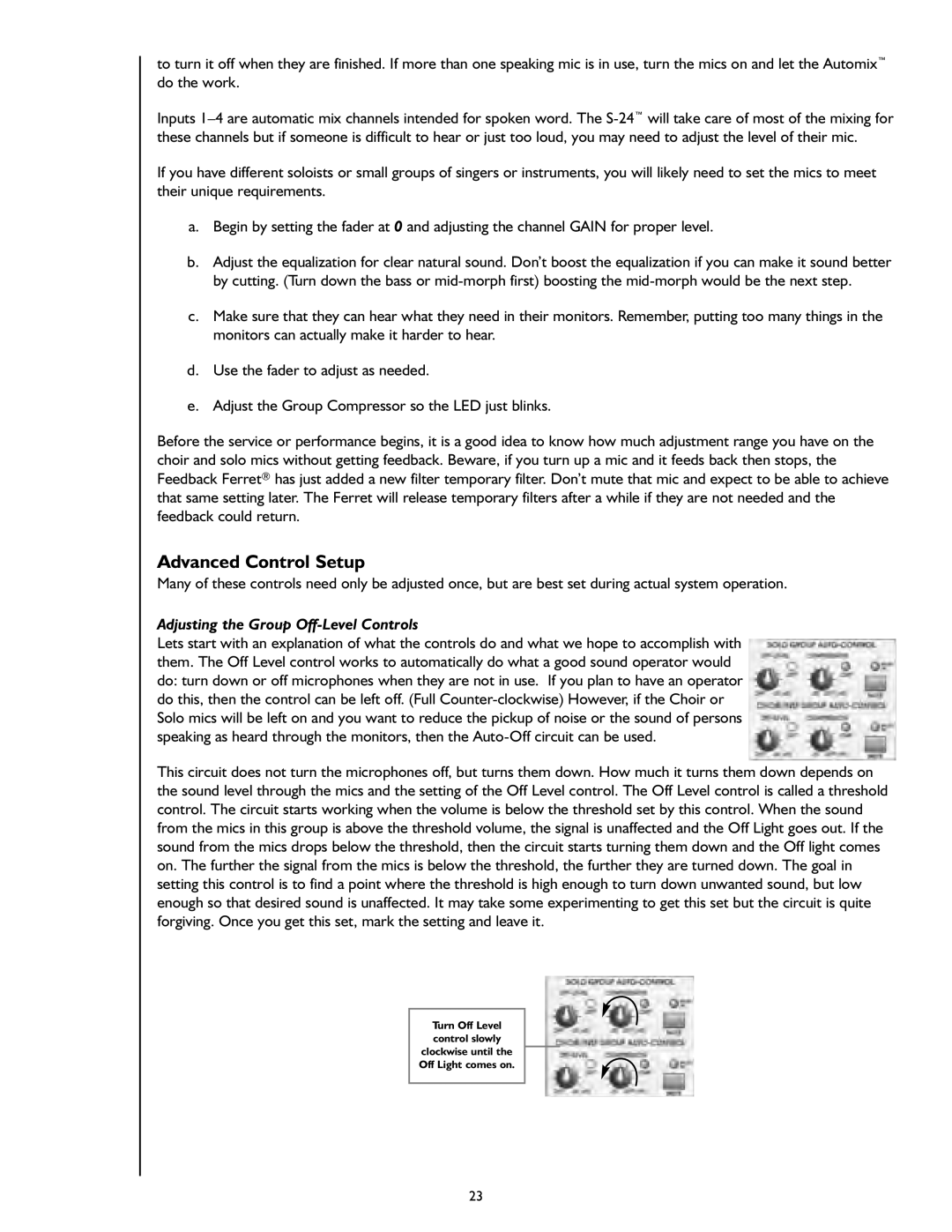 Peavey S-24 manual Advanced Control Setup, Adjusting the Group Off-Level Controls 