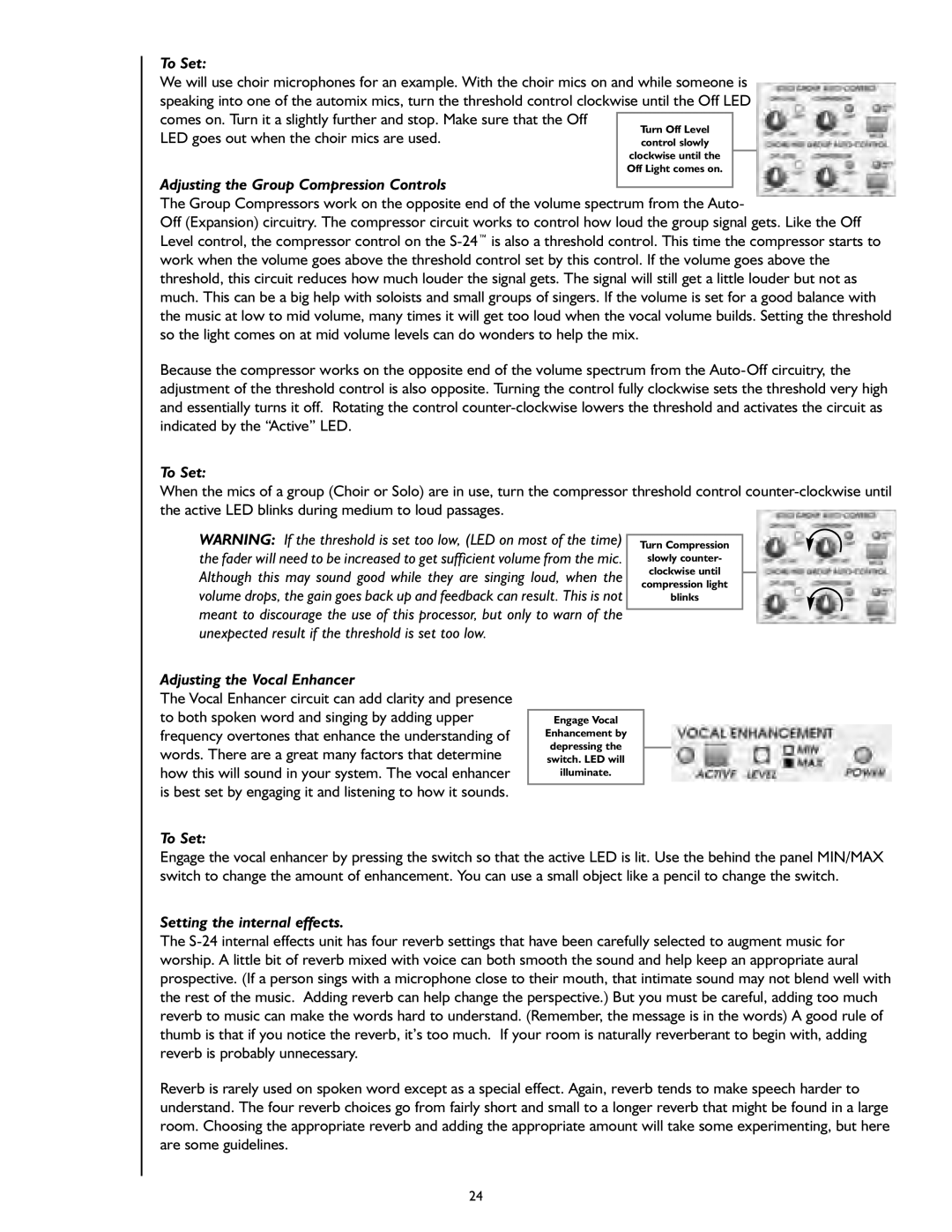 Peavey S-24 manual Adjusting the Vocal Enhancer, To Set, Setting the internal effects 