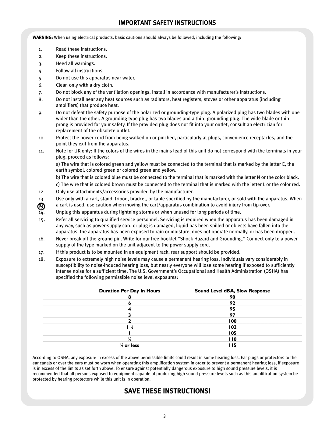 Peavey S-24 manual Important Safety Instructions 