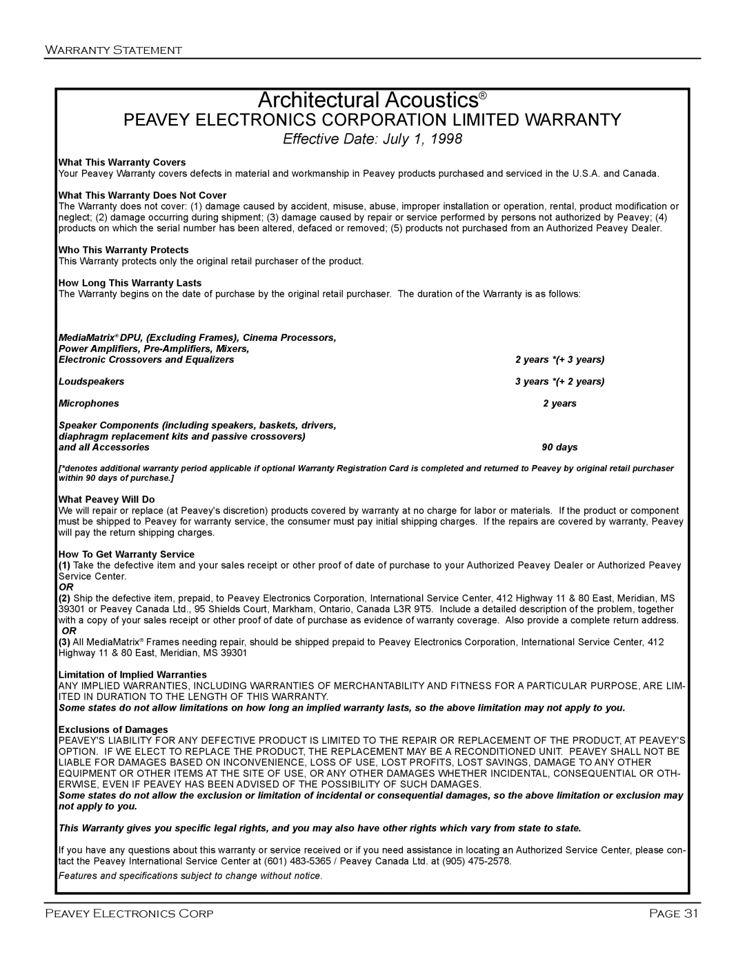 Peavey SMR 821 user manual Architectural Acoustics 