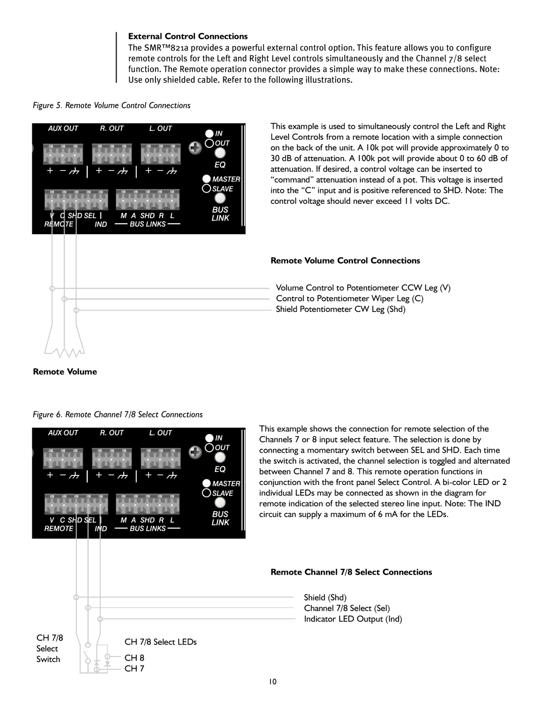 Peavey SMRTM 821a External Control Connections, Remote Volume Control Connections, Remote Channel 7/8 Select Connections 