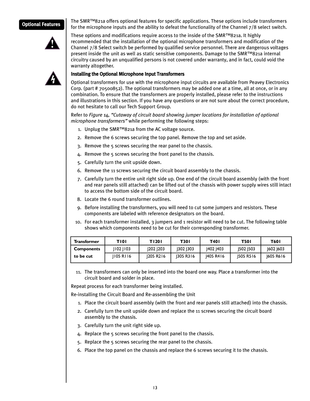 Peavey SMRTM 821a user manual Optional Features 