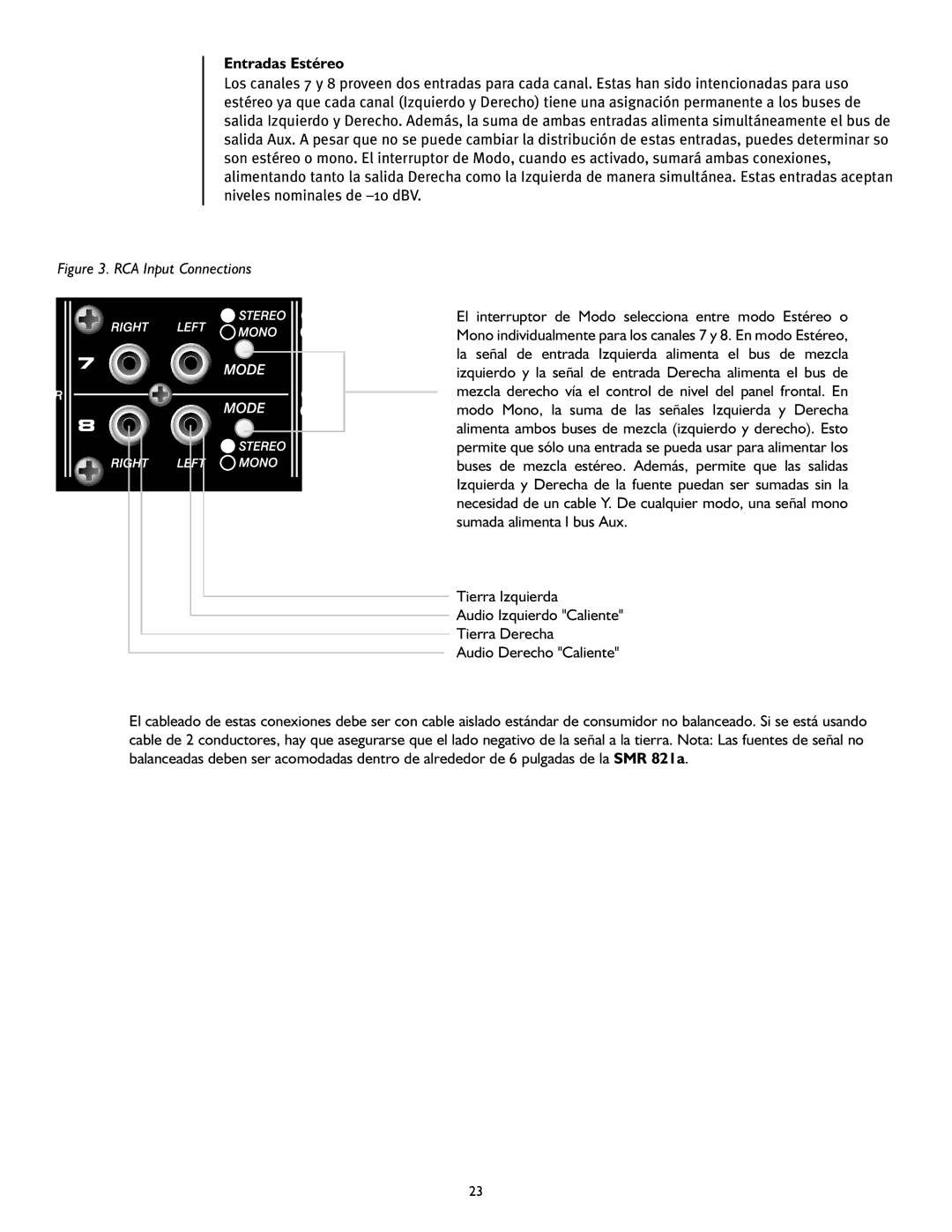 Peavey SMRTM 821a user manual Entradas Estéreo, RCA Input Connections 