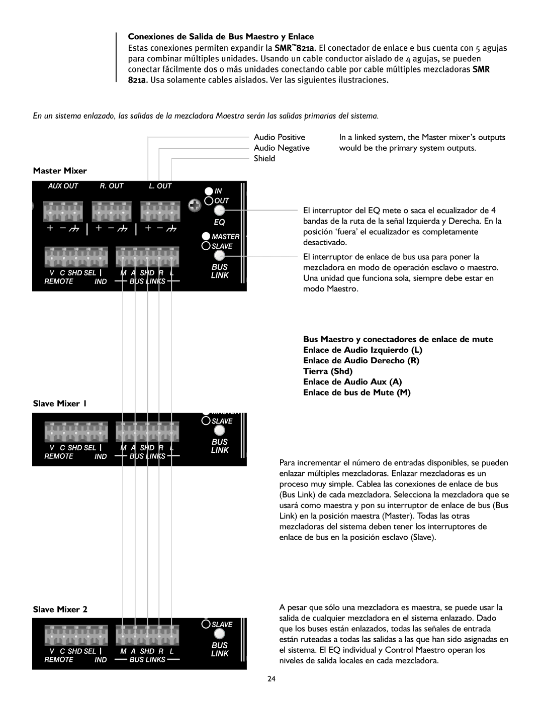 Peavey SMRTM 821a user manual Conexiones de Salida de Bus Maestro y Enlace 