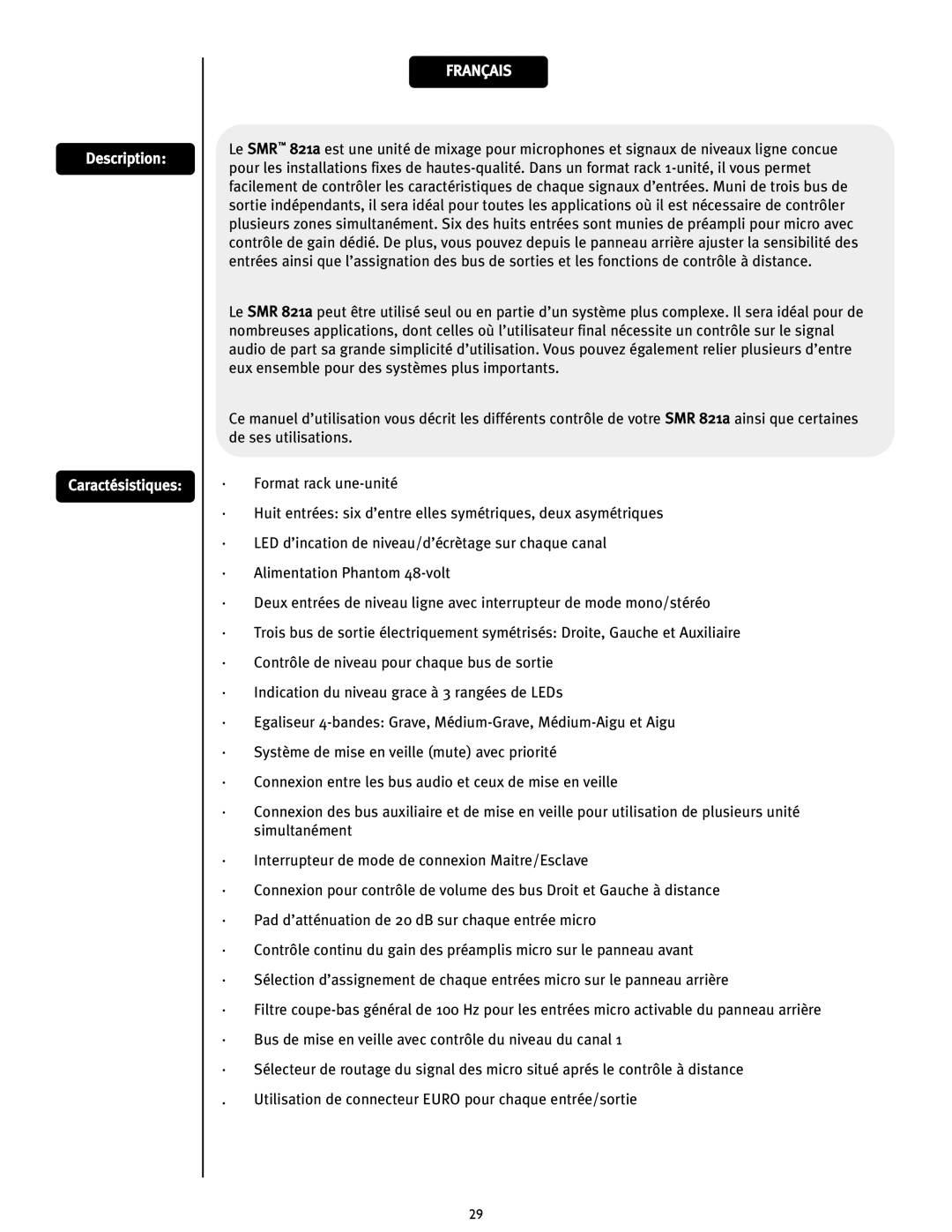 Peavey SMRTM 821a user manual Description Caractésistiques, Français 