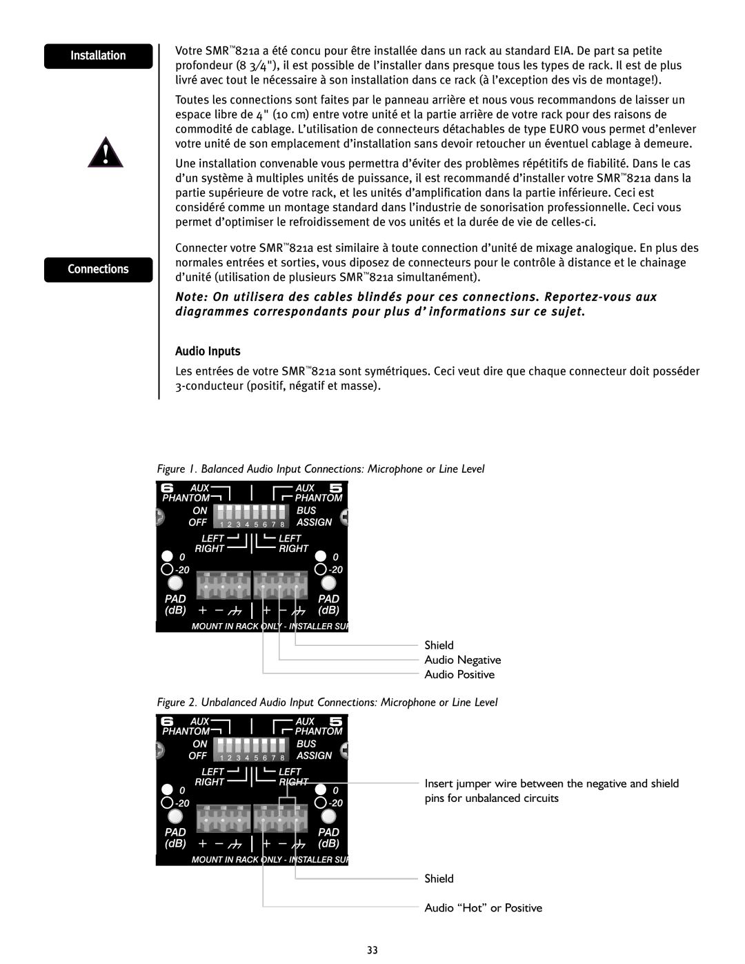 Peavey SMRTM 821a user manual Balanced Audio Input Connections Microphone or Line Level 