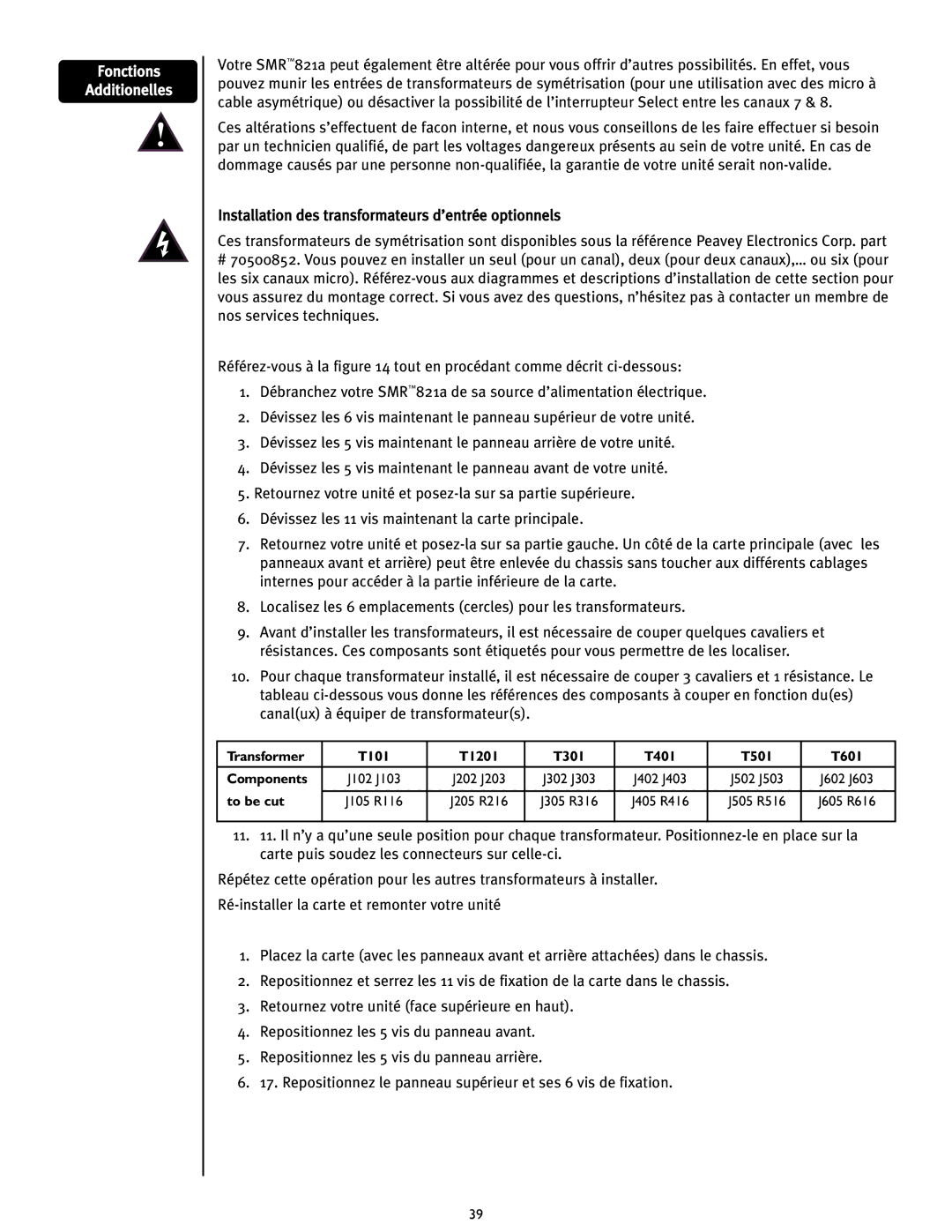 Peavey SMRTM 821a user manual Fonctions Additionelles 