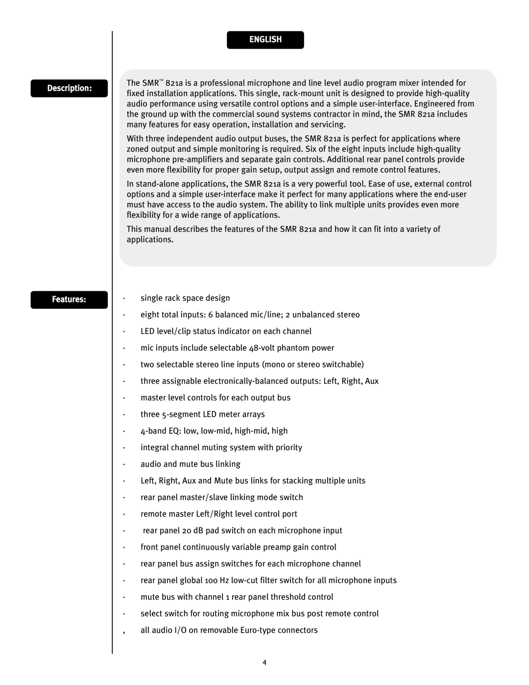 Peavey SMRTM 821a user manual Description Features, English 