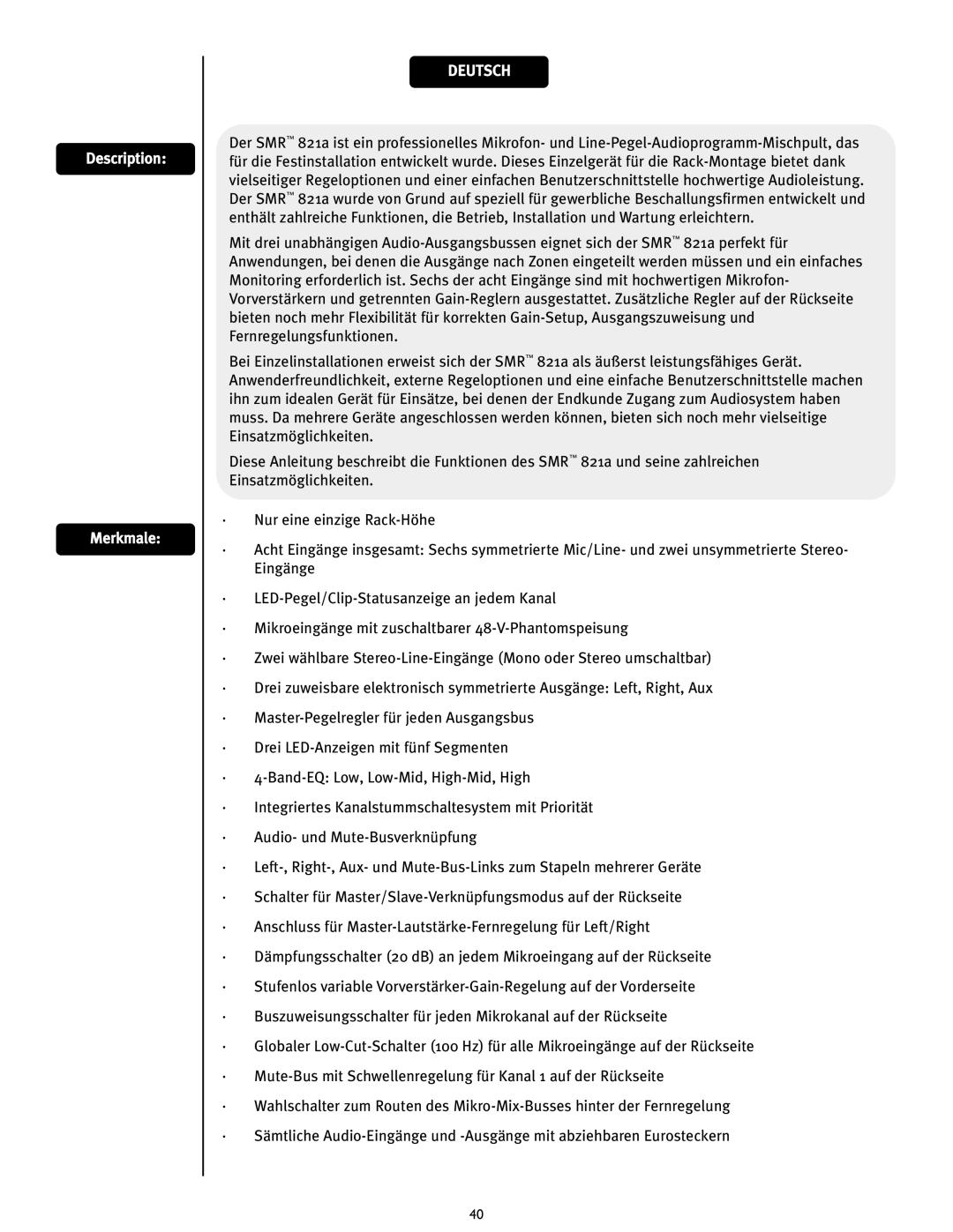 Peavey SMRTM 821a user manual Description Merkmale, Deutsch 